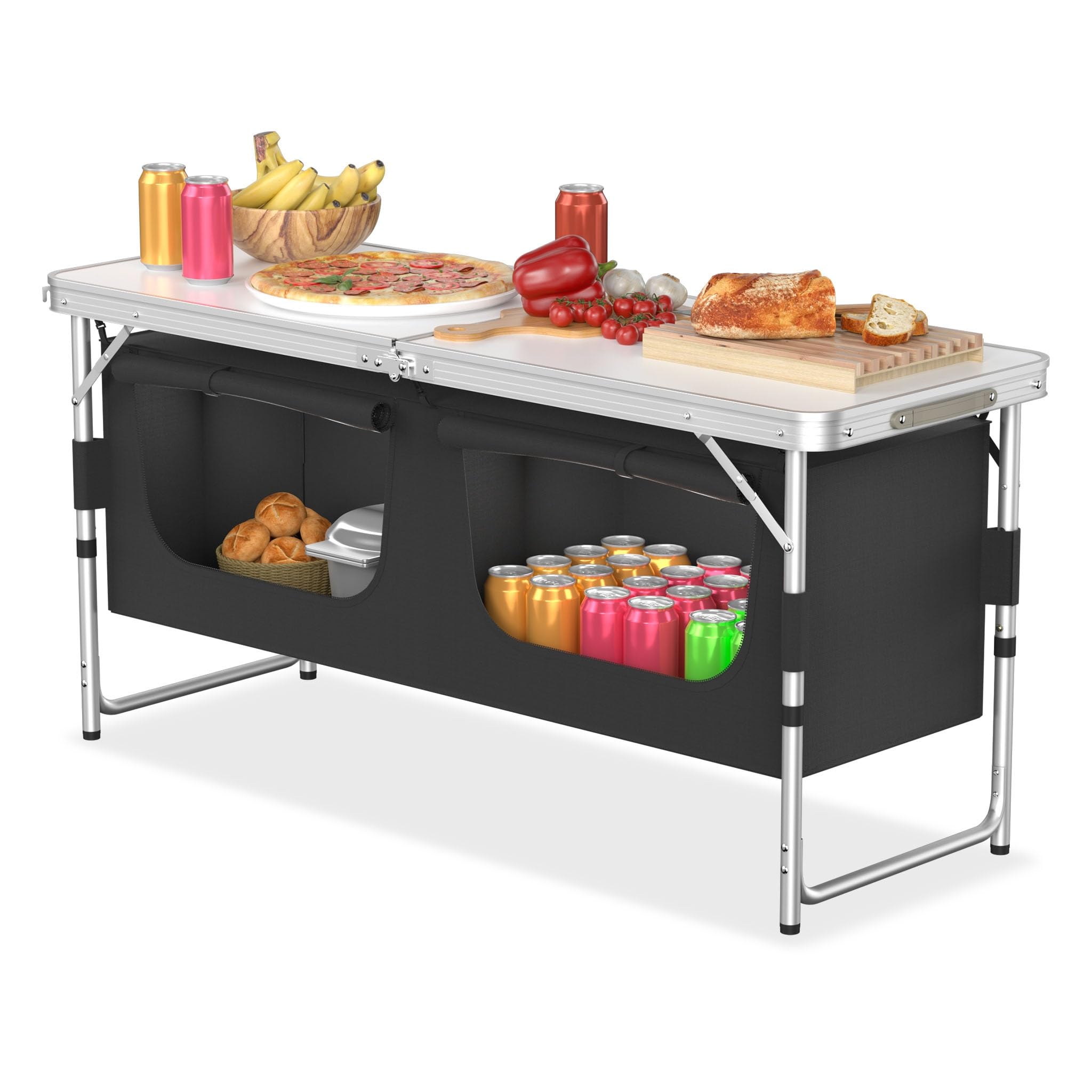 FIVMEN Campingküche Faltbar Campingschrank mit Aluminiumgestell und Staufächer Höhenverstellbar Reiseküche Küchenbox Zeltschrank Camping Zubehör für Outdoor Camping Küche, 120x47x54 cm