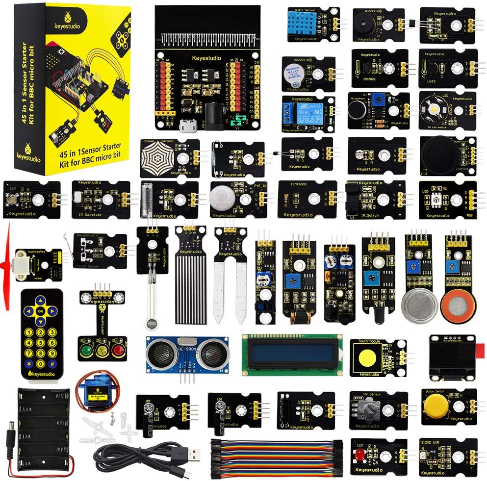 KEYESTUDIO 45 Sensors Starter Kit for BBC Microbit V2.2 V2 V1.5 (Without Micro:bit), Sensor Breakout Board, i2c LCD, Buzzer, 5v Relay with Tutorials 57 Courses Coding for Teens Adults 15+