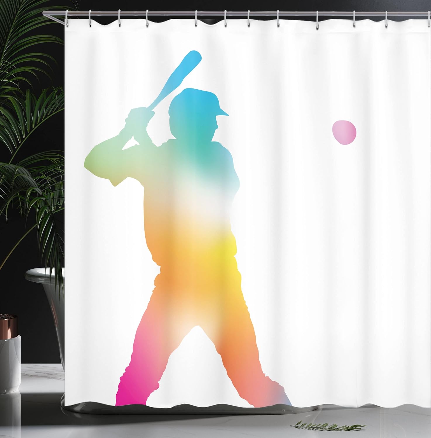 Ambesonne Baseball Shower Curtain, Colorful Reflection of Baseball Player Batter Softball Hitter Swinging Arms Print, Cloth Fabric Bathroom Decor Set with Hooks, 69" W x 70" L, White Multicolor