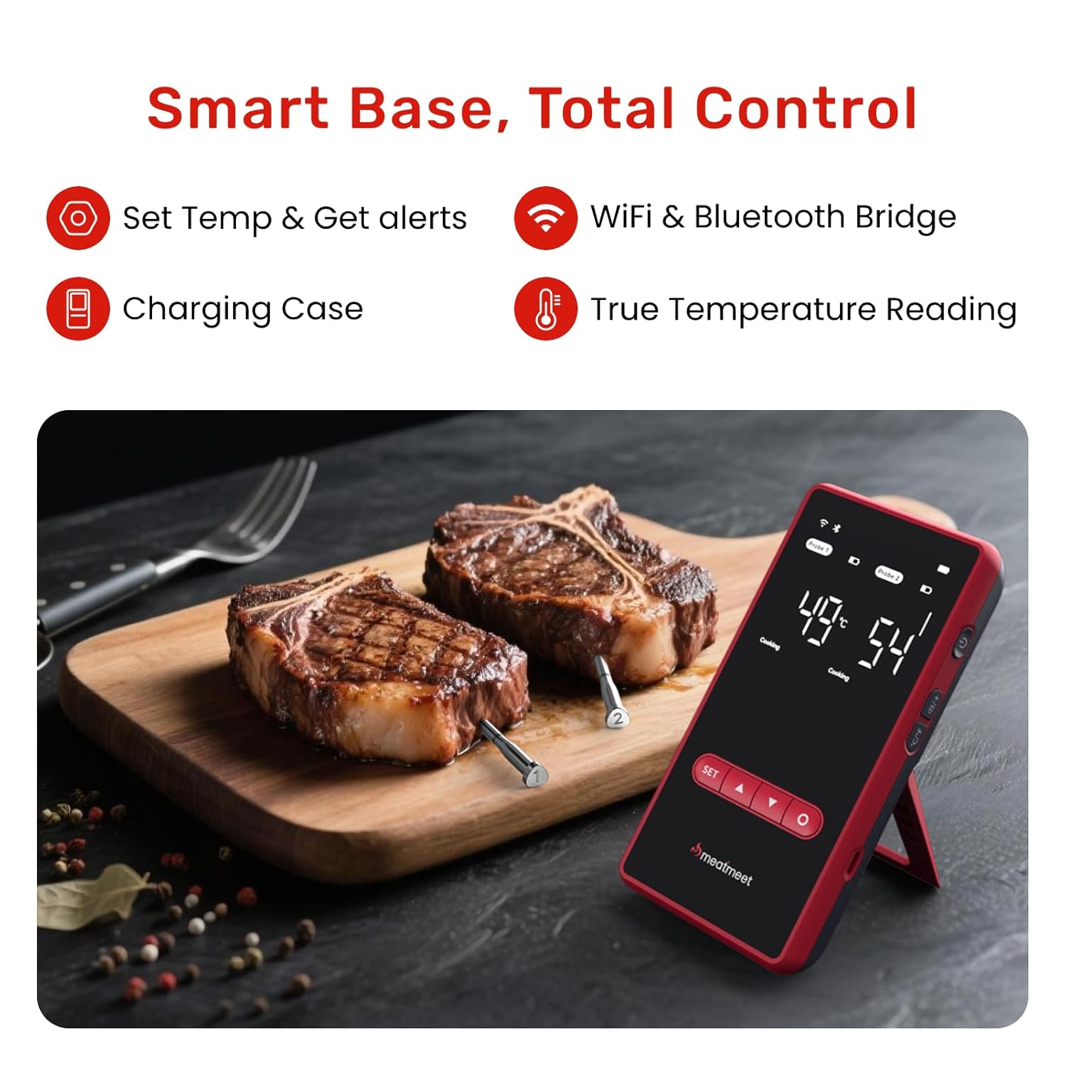 Wireless Meat Thermometer Digital with Dual Wi-Fi & Bluetooth, Meat Thermometer Wireless with 2 Probes, LED Display Base, 6 Sensors, IP69 Waterproof, for Grills, Ovens, Smokers & BBQs (X Pro)