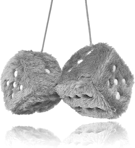 Dados de felpa mullidos para espejo de coche, par de dados grises retro de 3 pulgadas con puntos blancos para decoración de interior de automóvil