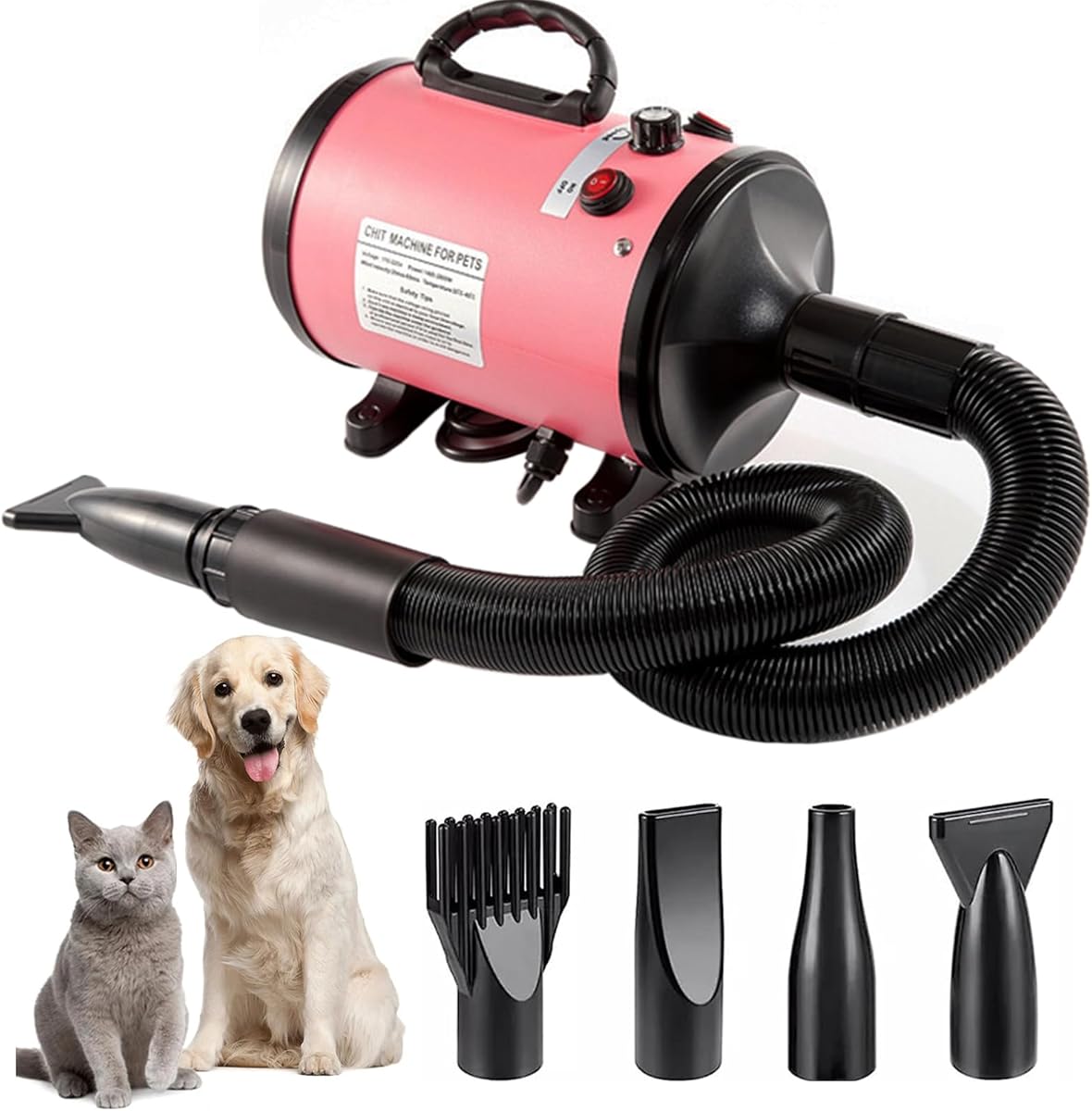 Dog Hair Dryer, 2800W Dog Blaster Dryer, Pet Grooming Hair Dryer, Stepless Speed Pet Dryer Blower with 4 Different Nozzles and Extendable Hose, Professional Pet Hair Dryer for Dogs (Pink)
