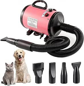 Dog Hair Dryer, 2800W Dog Blaster Dryer, Pet Grooming Hair Dryer, Stepless Speed Pet Dryer Blower with 4 Different Nozzles and Extendable Hose, Professional Pet Hair Dryer for Dogs (Pink)