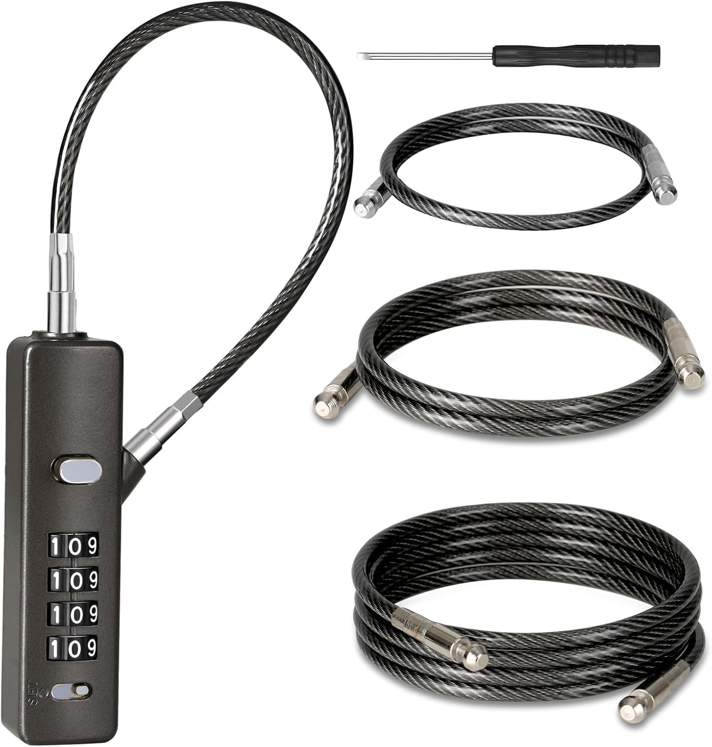 DELSWIN Cable Locks with Combination, 4-Digit Combination Lock with 3 Steel Ropes (9'' /23.6'' /47.2''), Security Cable Lock for Luggage, Helmet, Gym Locker, Cabinet, Gate (Gray)
