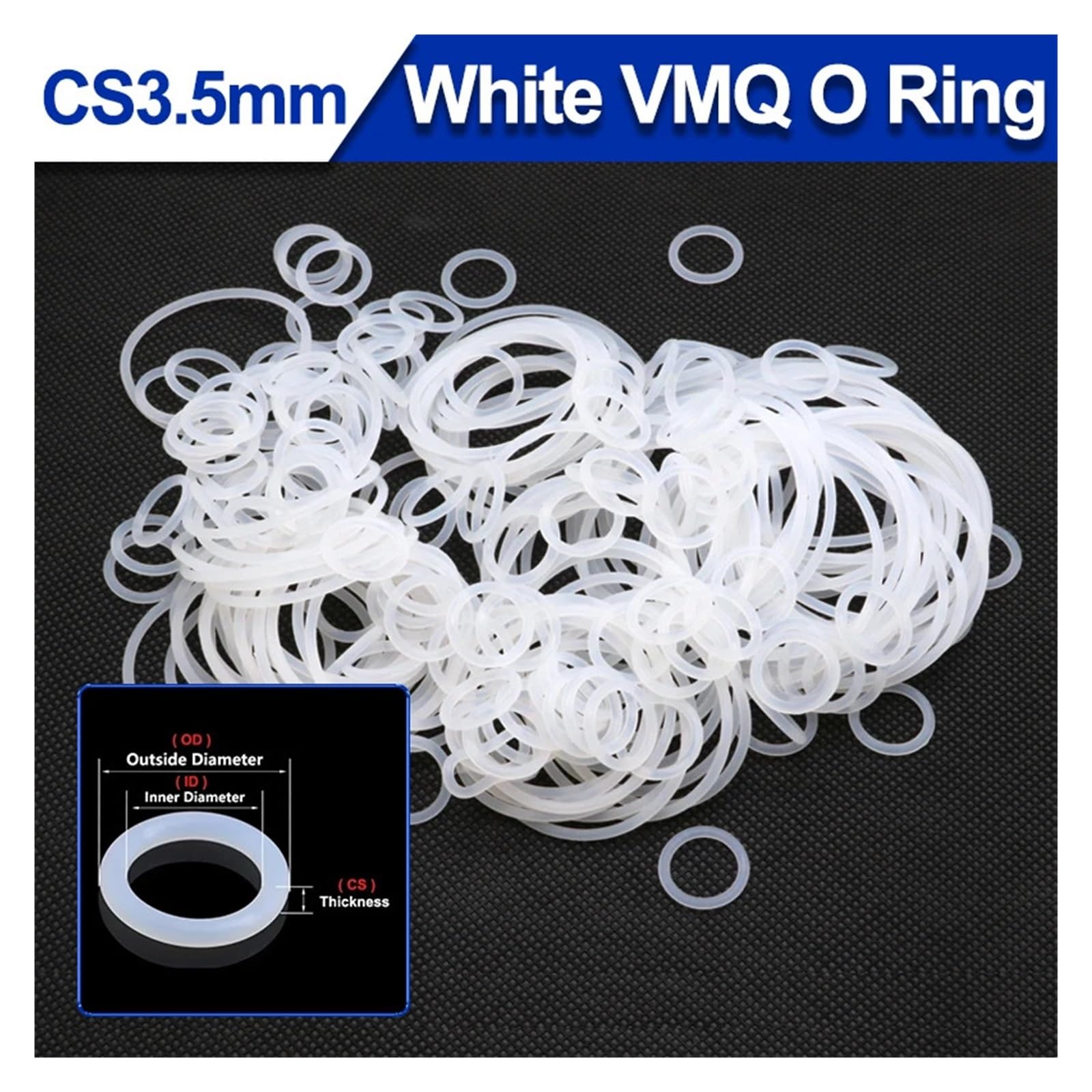 Junta tórica VMQ blanca de grado alimenticio, CS 3,5 mm diámetro exterior, 10~150, arandela impermeable silicona y caucho, paquete 10/50 unidades(OD 125mm ID 118mm)