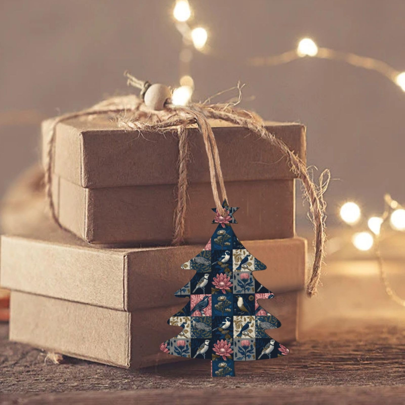 Skandinavische Weihnachts-Holzornamente mit Vogel- und Blumenmuster, 4 Stück, Set mit 6 natürlichen Holzdesigns für gemütlichen, rustikalen Weihnachtsbaum und Zuhause