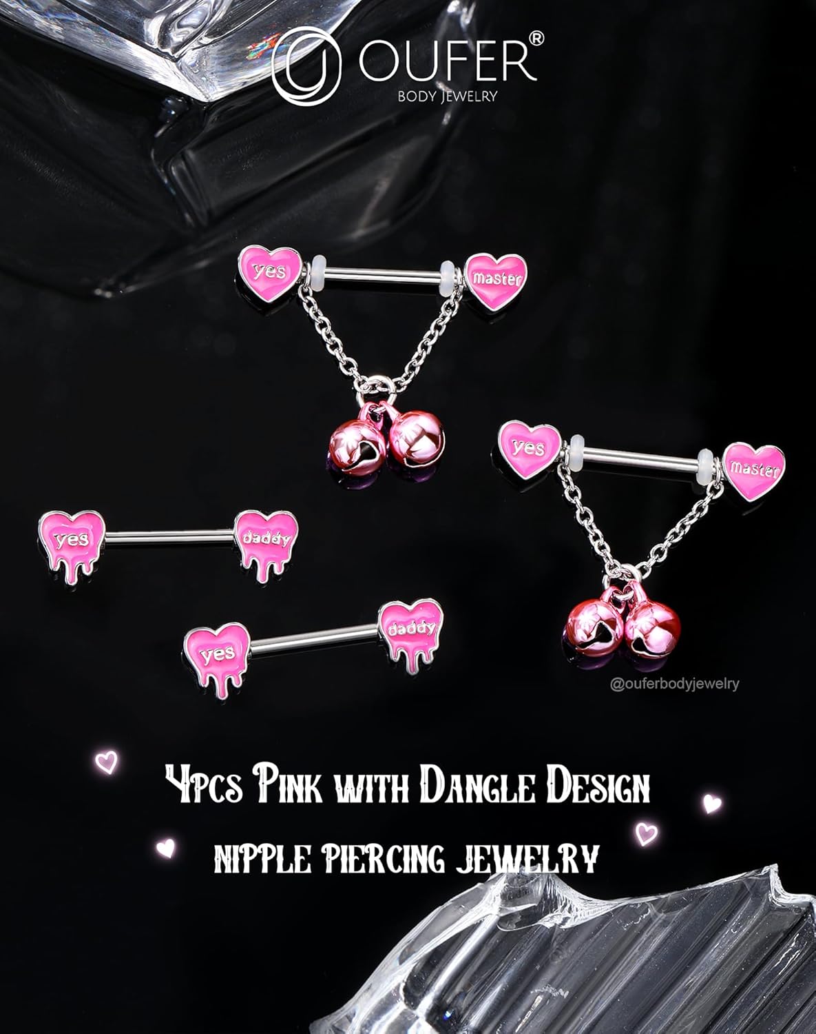 OUFER 4PCS Nipple Piercing Jewelry, 14G Pink Bell&Chain Nipple Rings Surgical Steel, Melting Heart 14MM Nipple Barbells, Nipple Piercing Kit For Women - Image 5