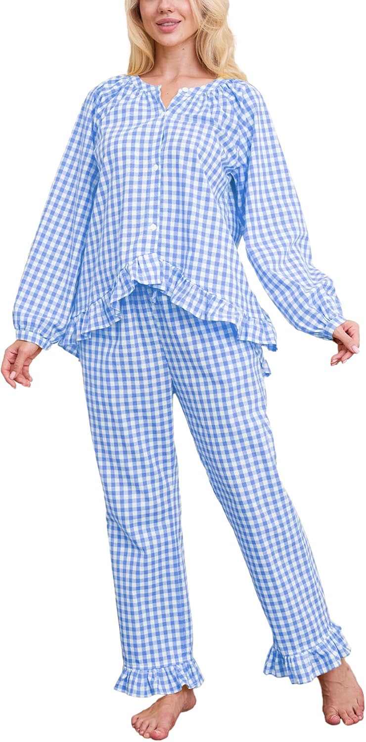 Women Gingham Pajama Set 100% Cotton Long Sleeve Button Down Shirt and Pants 2 Piece Lounge Sleepwear