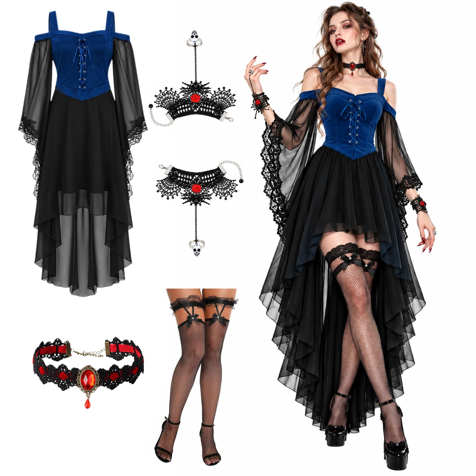 Halloween Costumes Adult,Vampire Costume, 4Pcs Adult Halloween Fancy Dress Outfit, Gothic Vampire Dress with Choker, Bracelet and Fishnet Tights for Women Party Cosplay — image 1