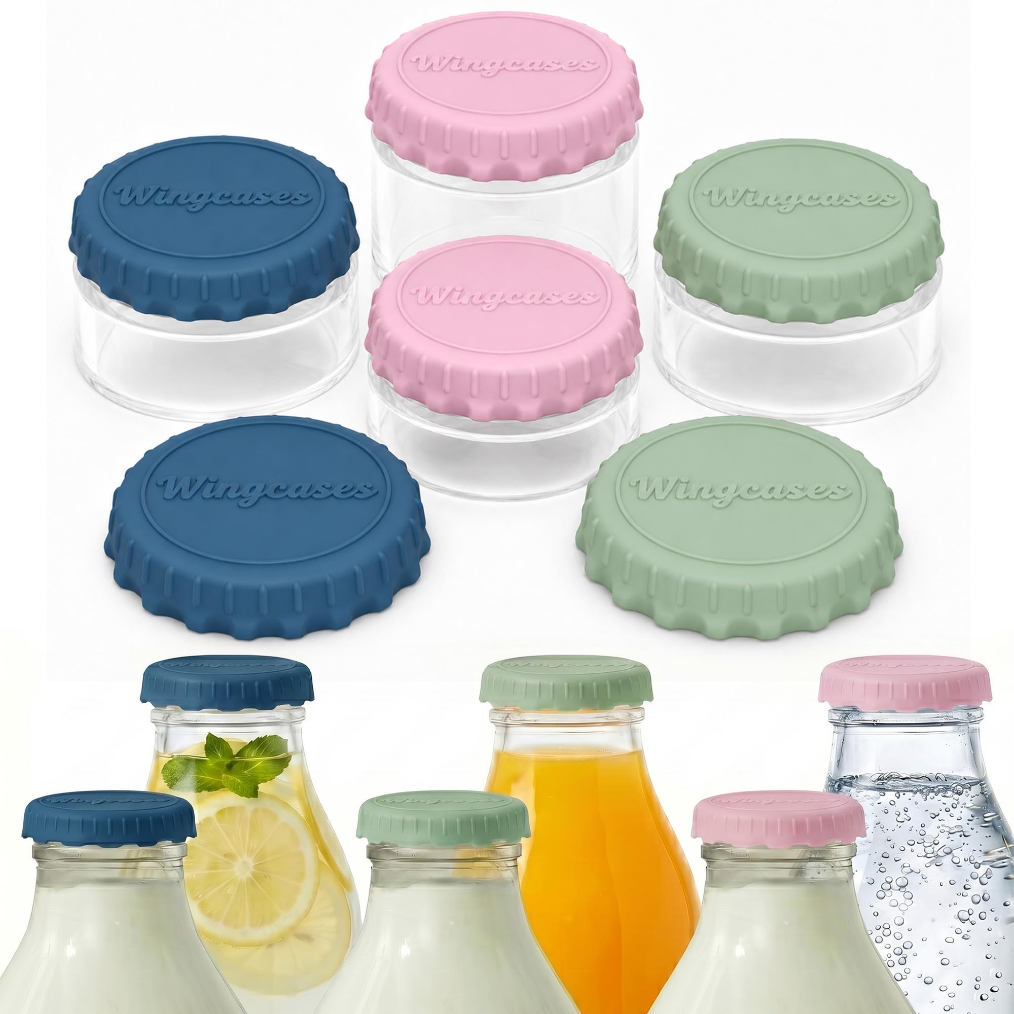 Wingcases-Milk Bottle Tops [One Pint，NOT 1L] Reusable Silicone Mixed without Bottle, Designed Only for The UK One Pint Milk Glass Bottle, Dishwasher, 100% Leakproof, Blue, Sage Green, Pink