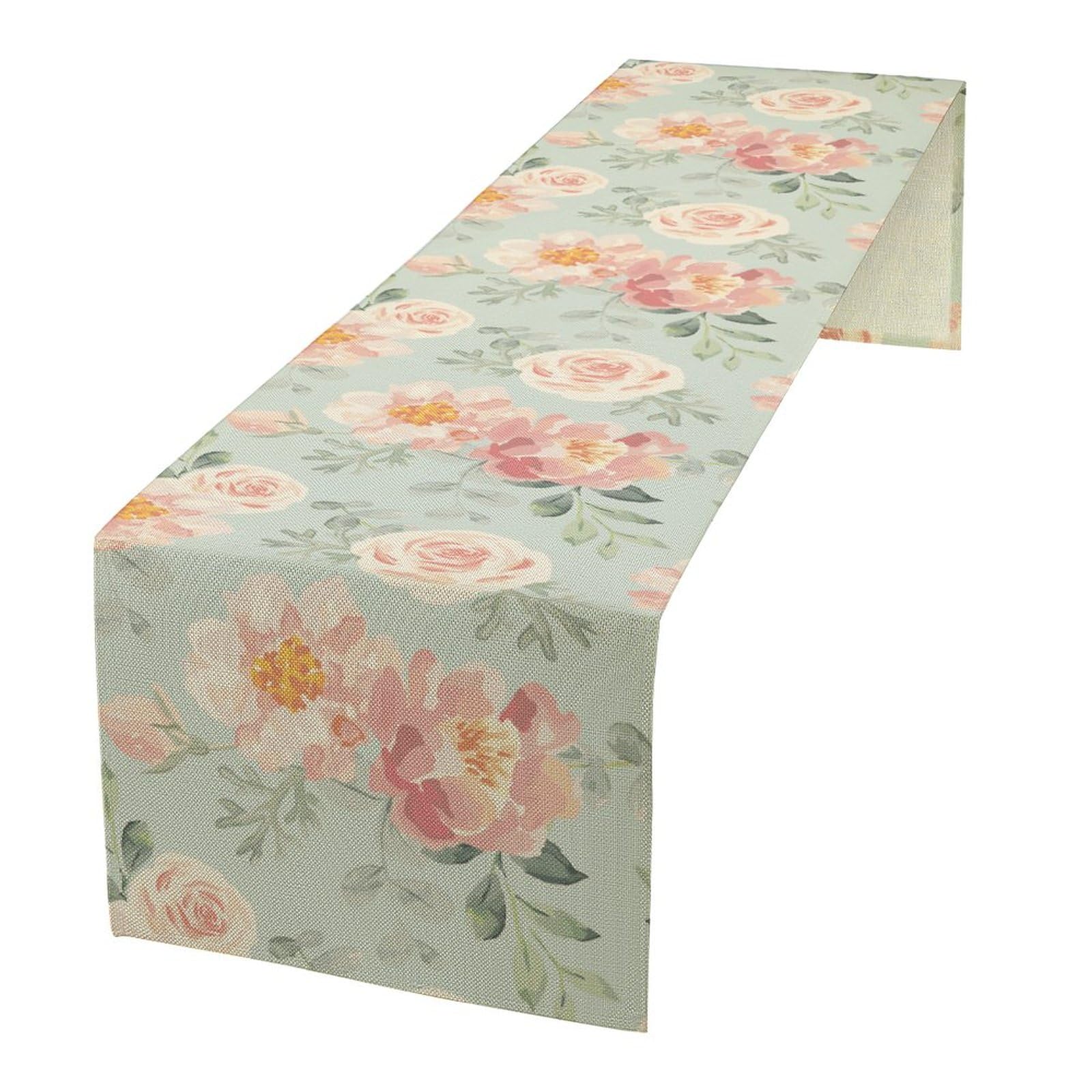Watercolor Flower Table Runner Pink Flowers Green Leaves Pattern Table Runner Table Cloth Decoration Dresser Garden Farmhouse Wedding Party Vacation Dinner Home 13x108 inches