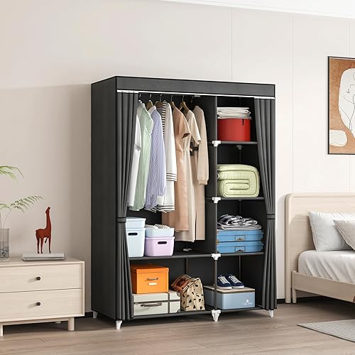 Miniatura 2 de KEKIWE Armario portátil, armario para colgar ropa con 1 varillas para colgar, 6 estantes organizadores de almacenamiento, fácil de montar, ahorro de
