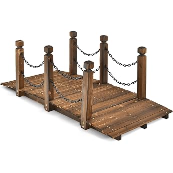 GOPLUS Wooden Bridge Made of Spruce Wood 150 x 67 cm x 55 cm Pond Bridge up to 180 kg Garden Bridge with Railing & Chains Bridge for Garden Park & Backyard