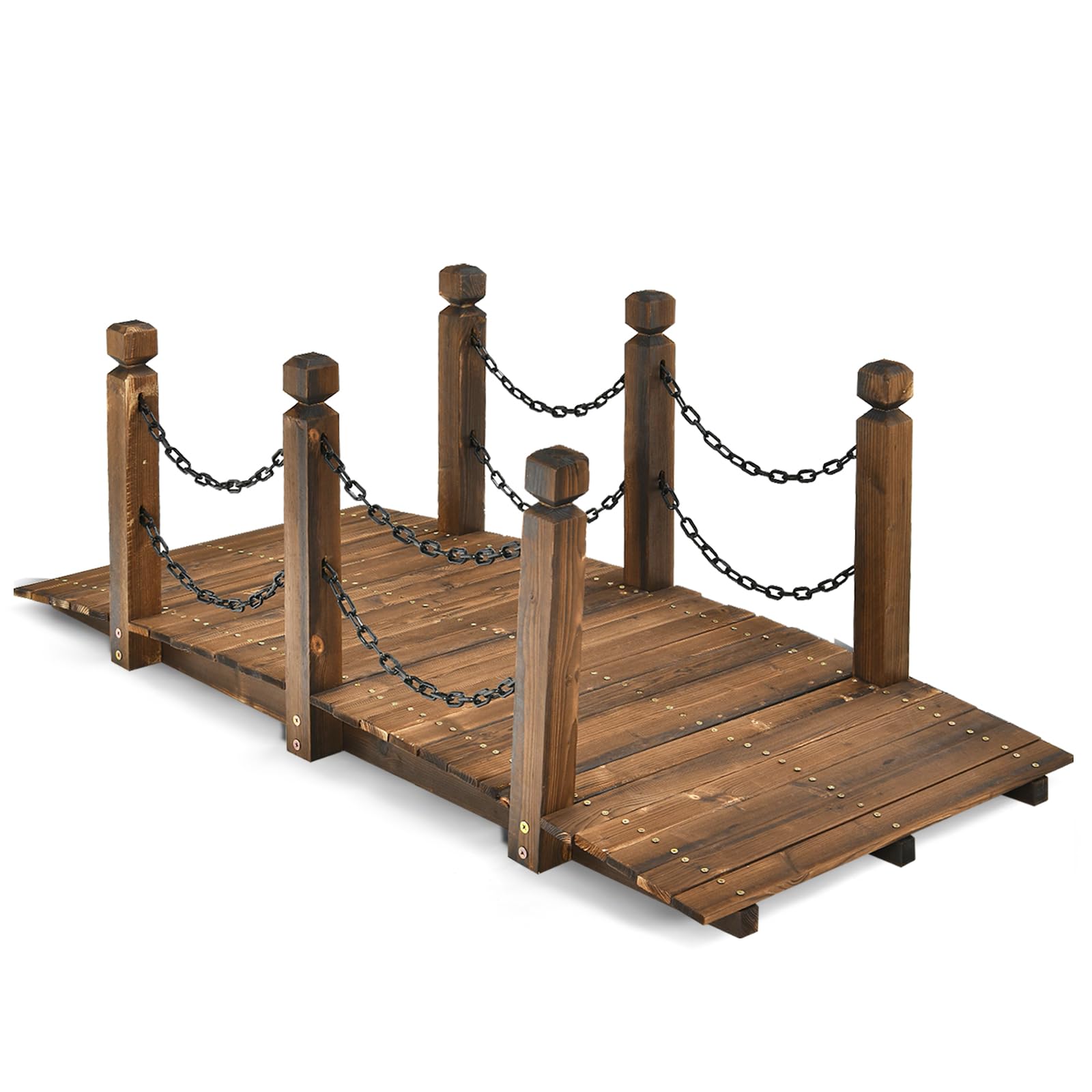 GOPLUS Puente de madera de abeto, 150 x 67 cm x 55 cm, puente para estanque soporta hasta 180 kg, puente de jardín con barandillas y cadenas, puente para jardín, parque, patio trasero
