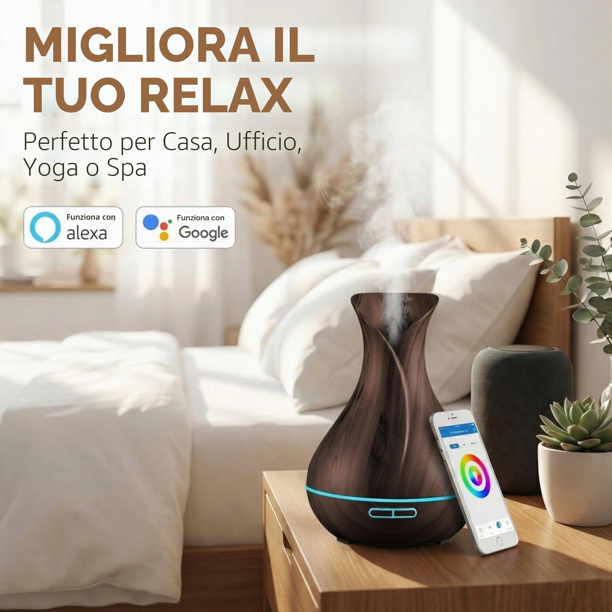 Smart WiFi Wireless Olio Essenziale Aromaterapia 400ml Diffusore ad Ultrasuoni & Umidificatore con App Alexa & Google Home Phone & Controllo vocale – Crea orari – Impostazioni LED & Timer