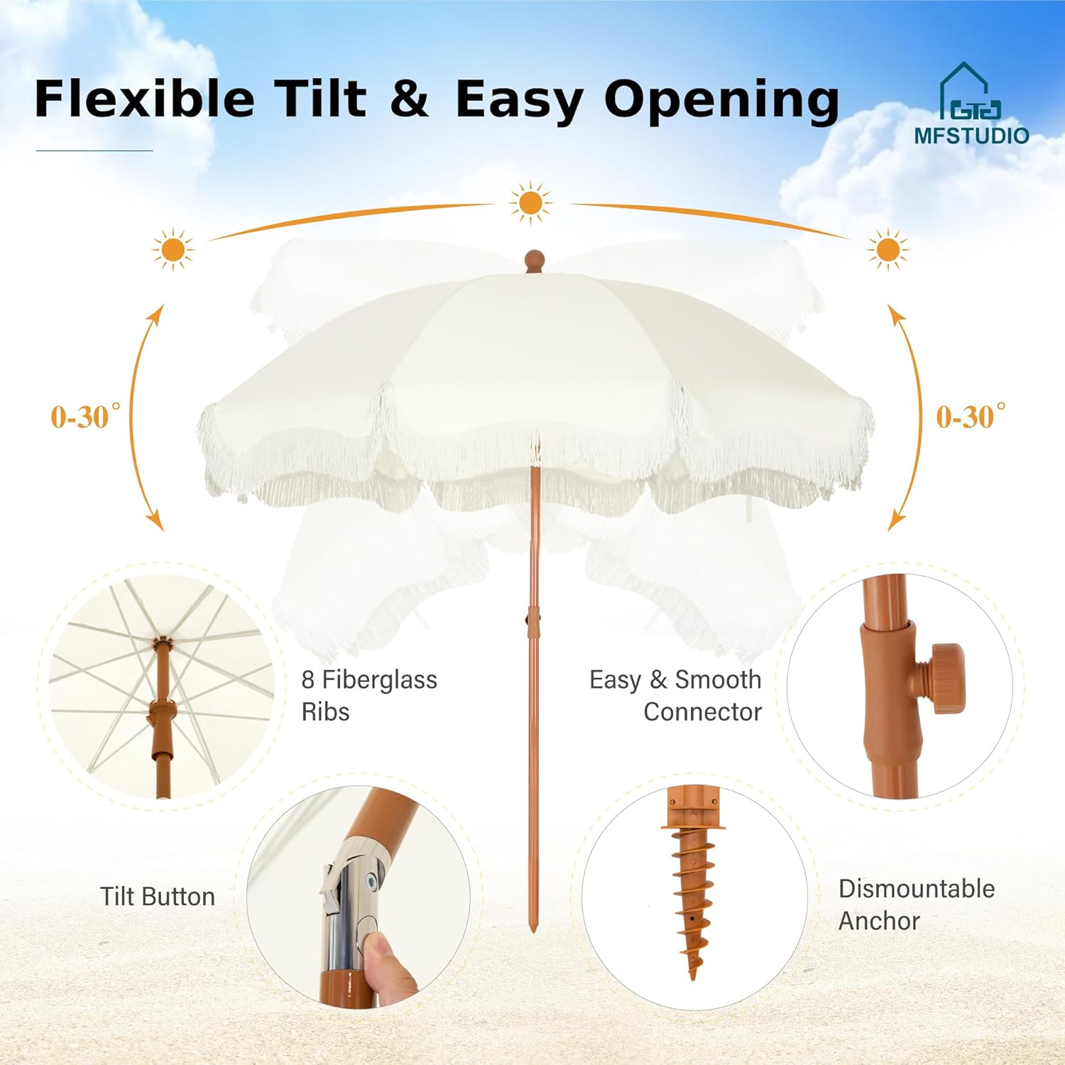 MFSTUDIO 7ft Patio Beach Umbrella with Fringe, Tassel Umbrellas UPF50+ with Sand Anchor & Tilt Button, Holiday Outdoor Umbrella with Carry Bag, Ideal for Garden Lawn Poolside, Ivory