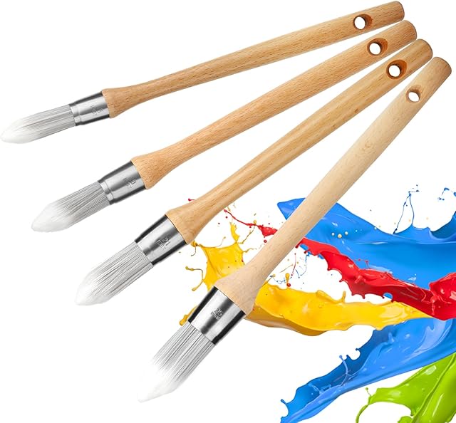 4Pcs Pointed Synthetic Sash Brush Set, Professional Round Paint Brushes with Long Wooden Handle Ideal for Precise Painting of Windows Doors Pipes Mouldings with Oil & Water Based Paints