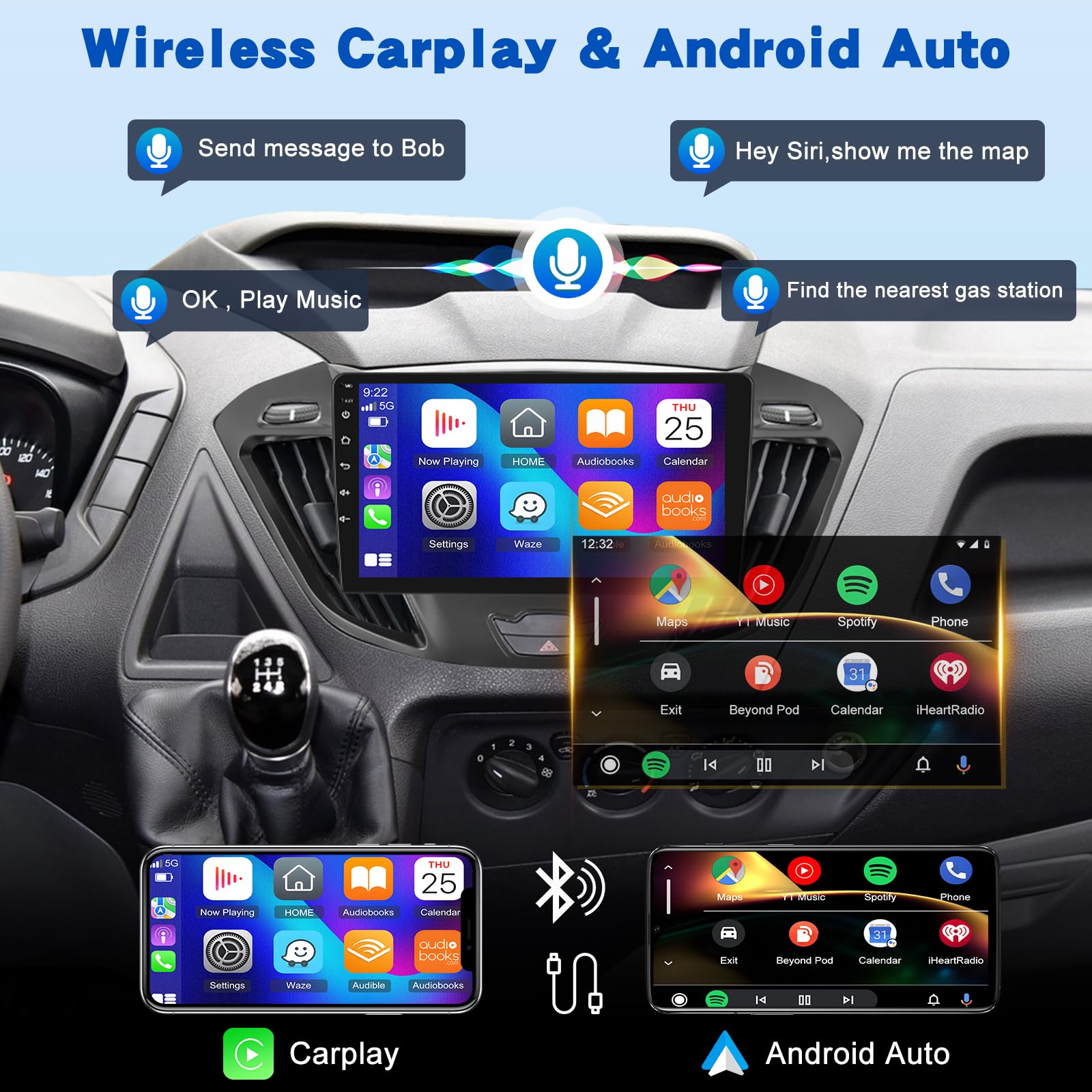 Android Autoradio pour Ford Transit Tourneo Custom 2013-2021, 9 Pouces Écran Tactile Stéréo Supportant sans Fil Carplay & Android Auto/GPS/WiFi/EQ Audio/Bluetooth/FM RDS Radio/SWC