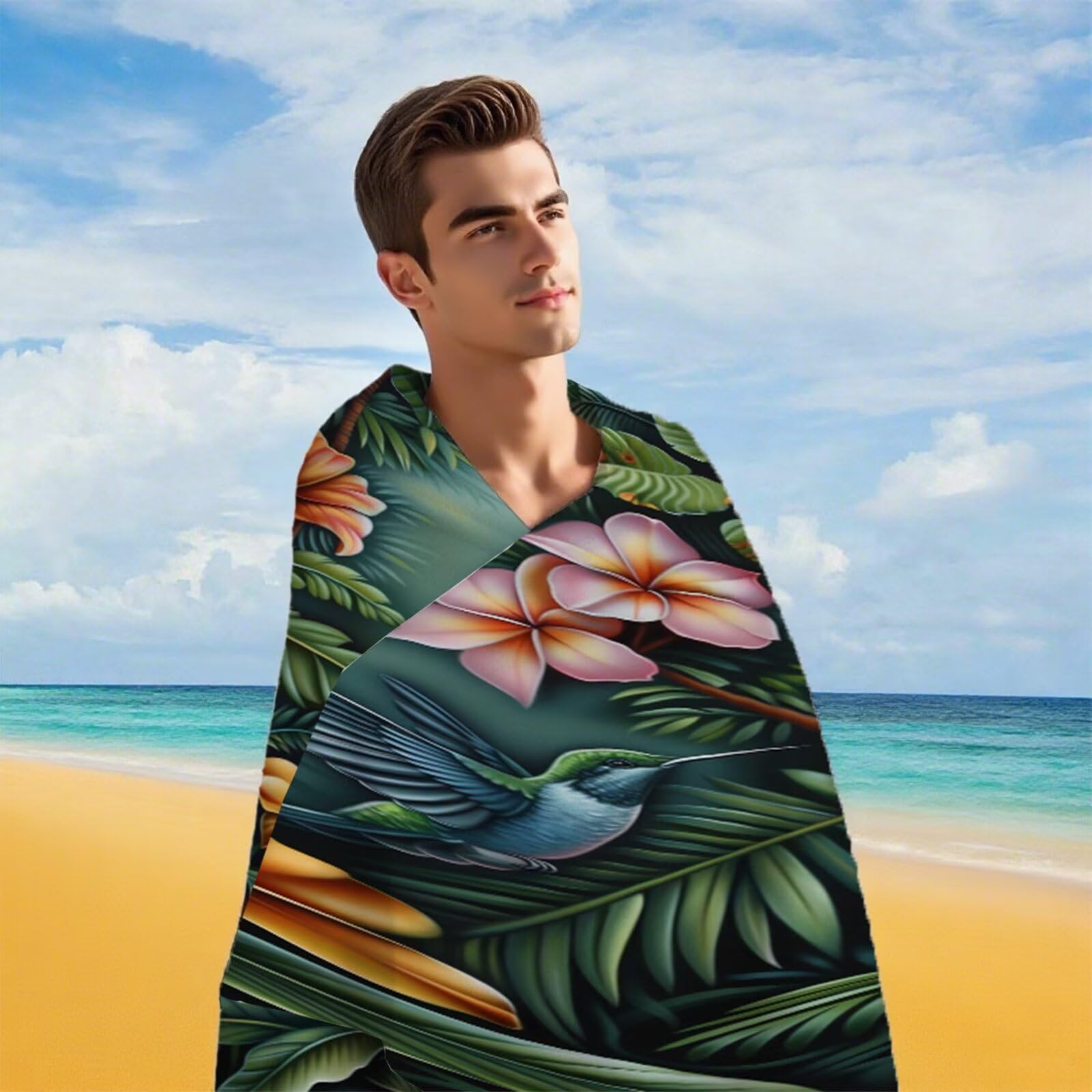 Ręcznik z mikrofibry, kwiaty, ręcznik plażowy XXL, 220 x 100 cm, chłonny i szybkoschnący ręcznik do sauny z gumką, antypoślizgowy, do łazienki, na podróż, do pływania, Y1-950
