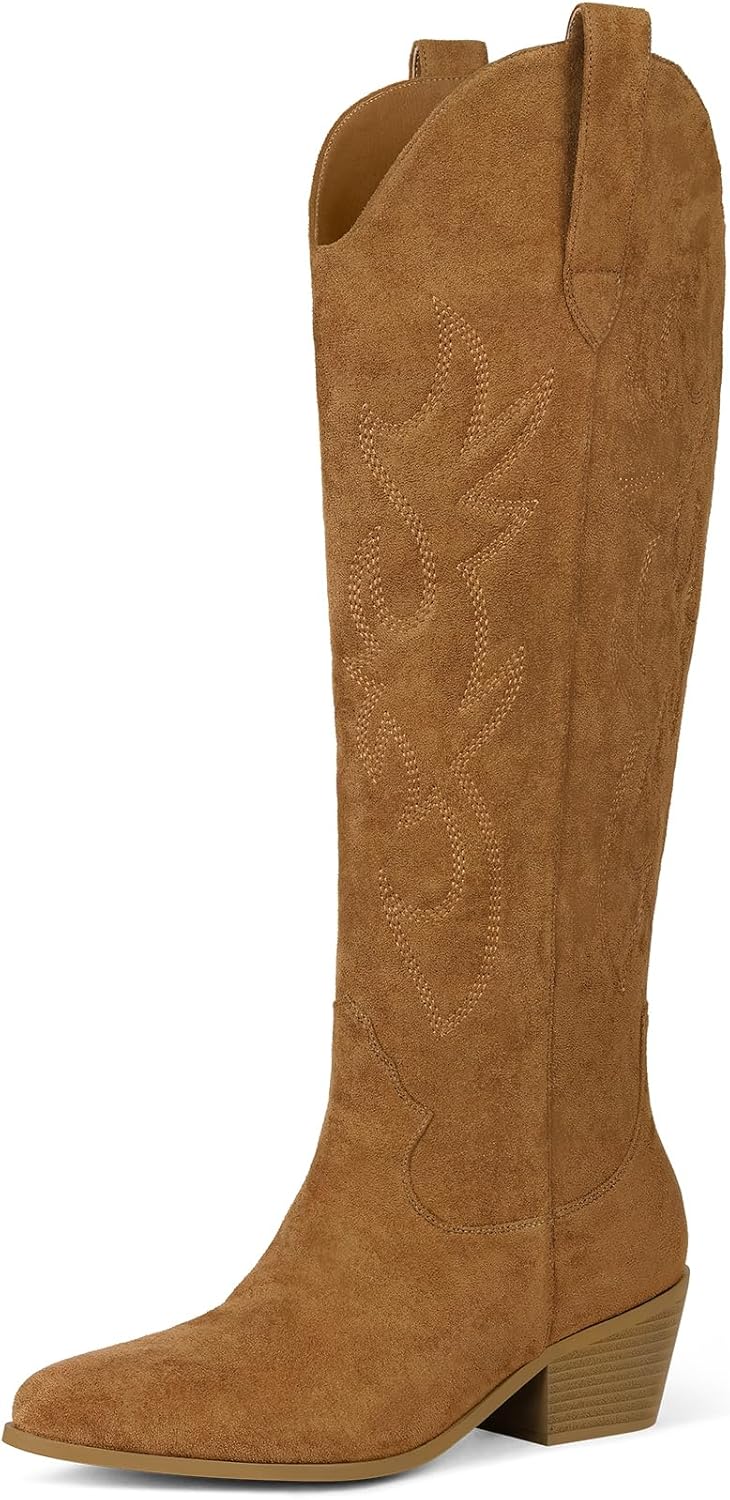 Ouepiano White Cowgirl Boots Women Cowboy Knee High Tall Boots Chunky Heel Pointed Toe Pull-On Western Wide Calf Boats Country Fashion
