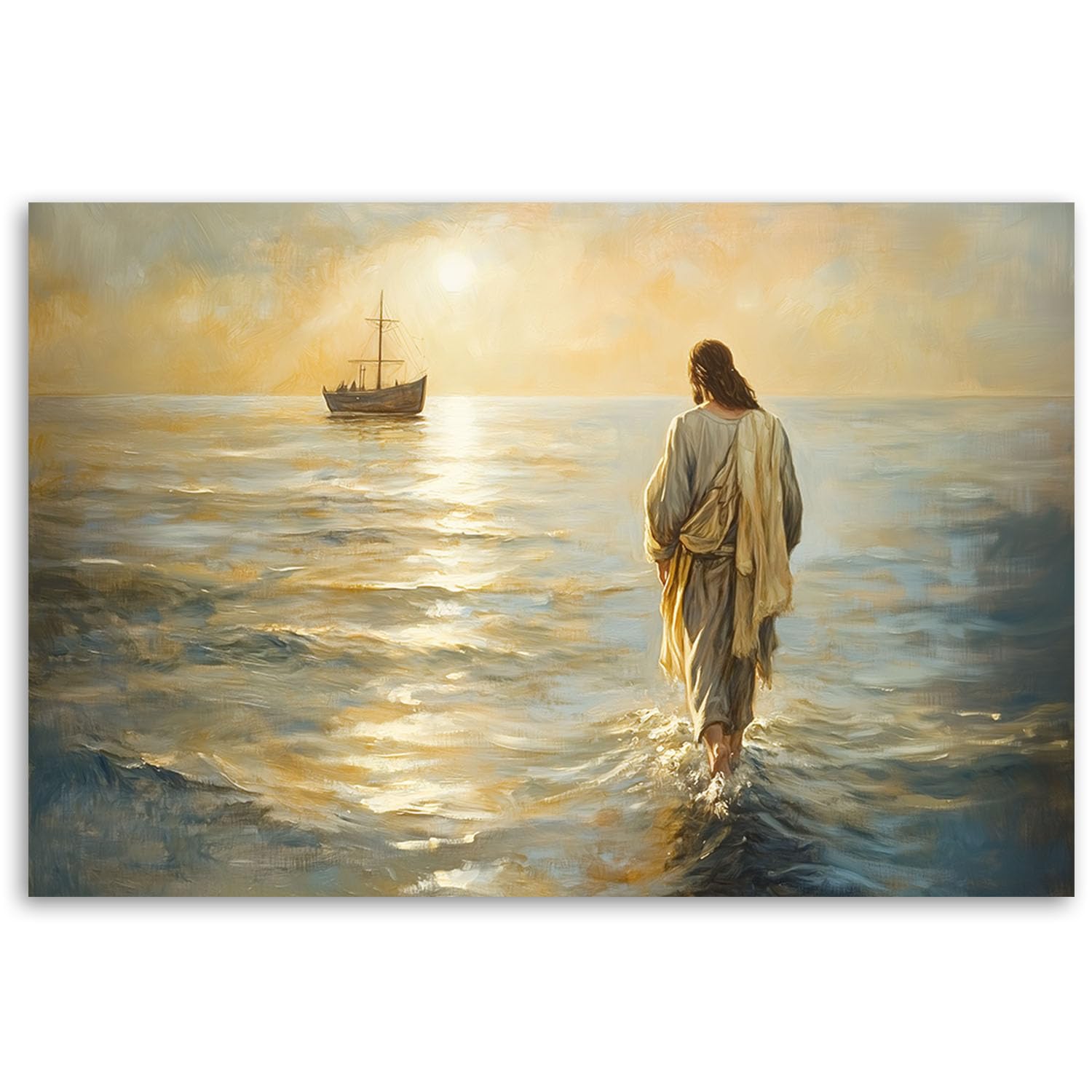 Feeby Leinwand Bilder - Bild Wohnzimmer - Jesus geht auf dem Wasser - 120x80 1tlg - Deko Schlafzimmer Groß - Dekoration Canvas - Gemälde - Modern Wandbilder - Kunstdruck