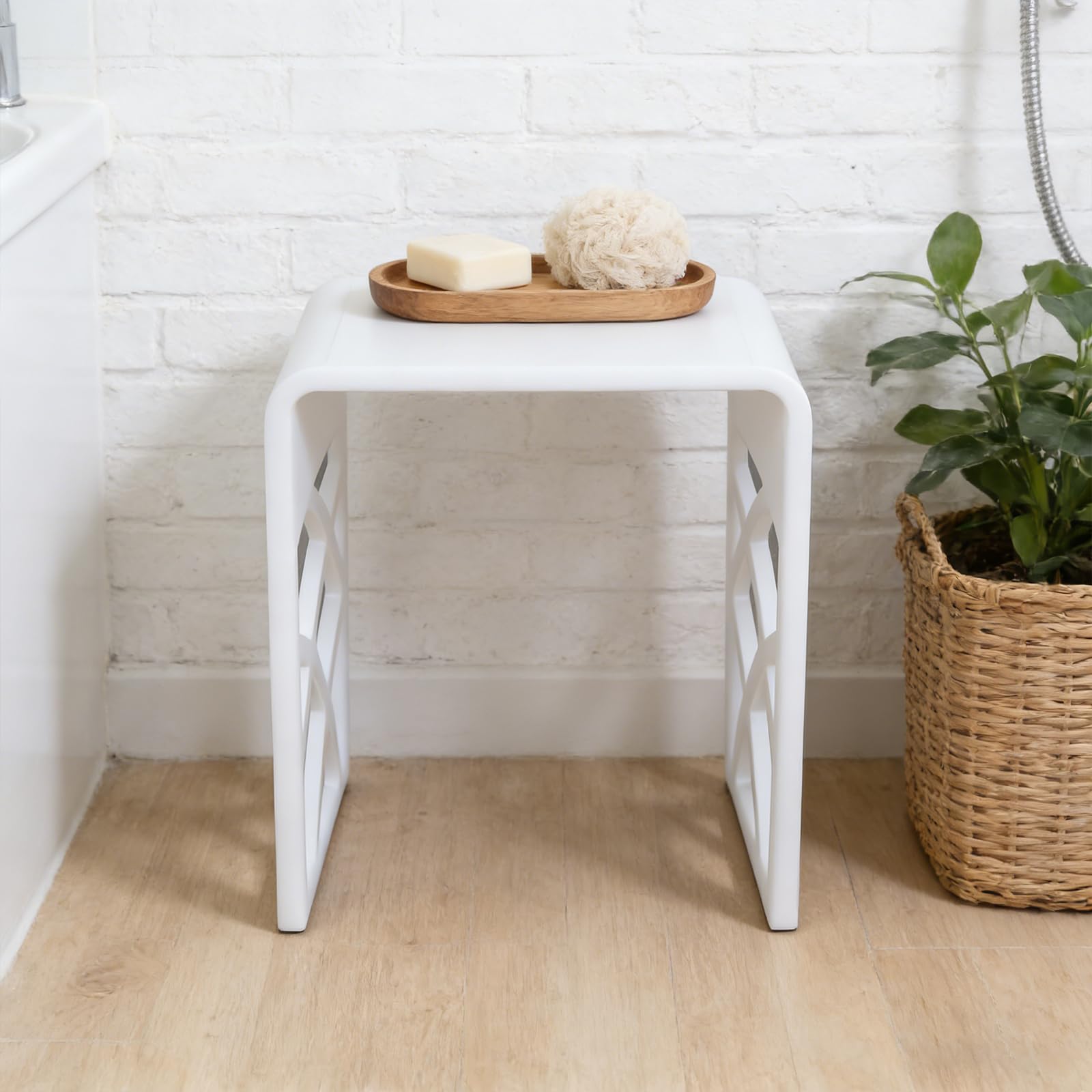 Banco de ducha de acrílico, hasta 300 kg, blanco, taburete de ducha, moderno taburete de ducha de acrílico en forma de U, taburete de baño para baño, salón, entrada, dormitorio (40 x 27 x