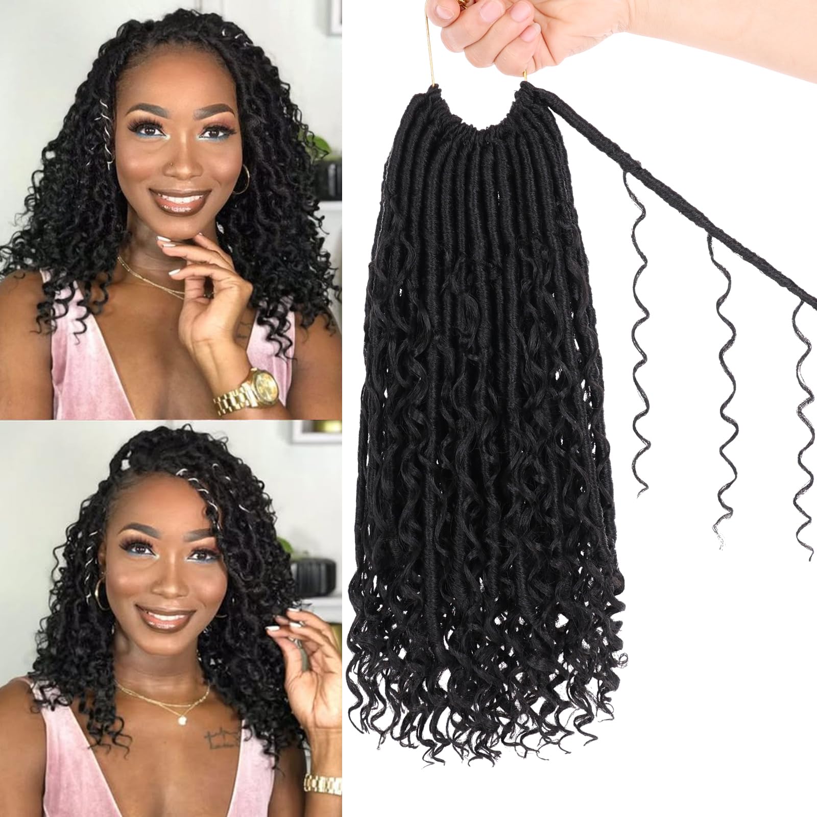 Unionbeauty Pre Looped Goddess Crochet Locs Hair 14 Inch 9 Packs River Locs Crochet Hair with Curly Ends Black Bohemian Locs Crochet Hair Synthetic