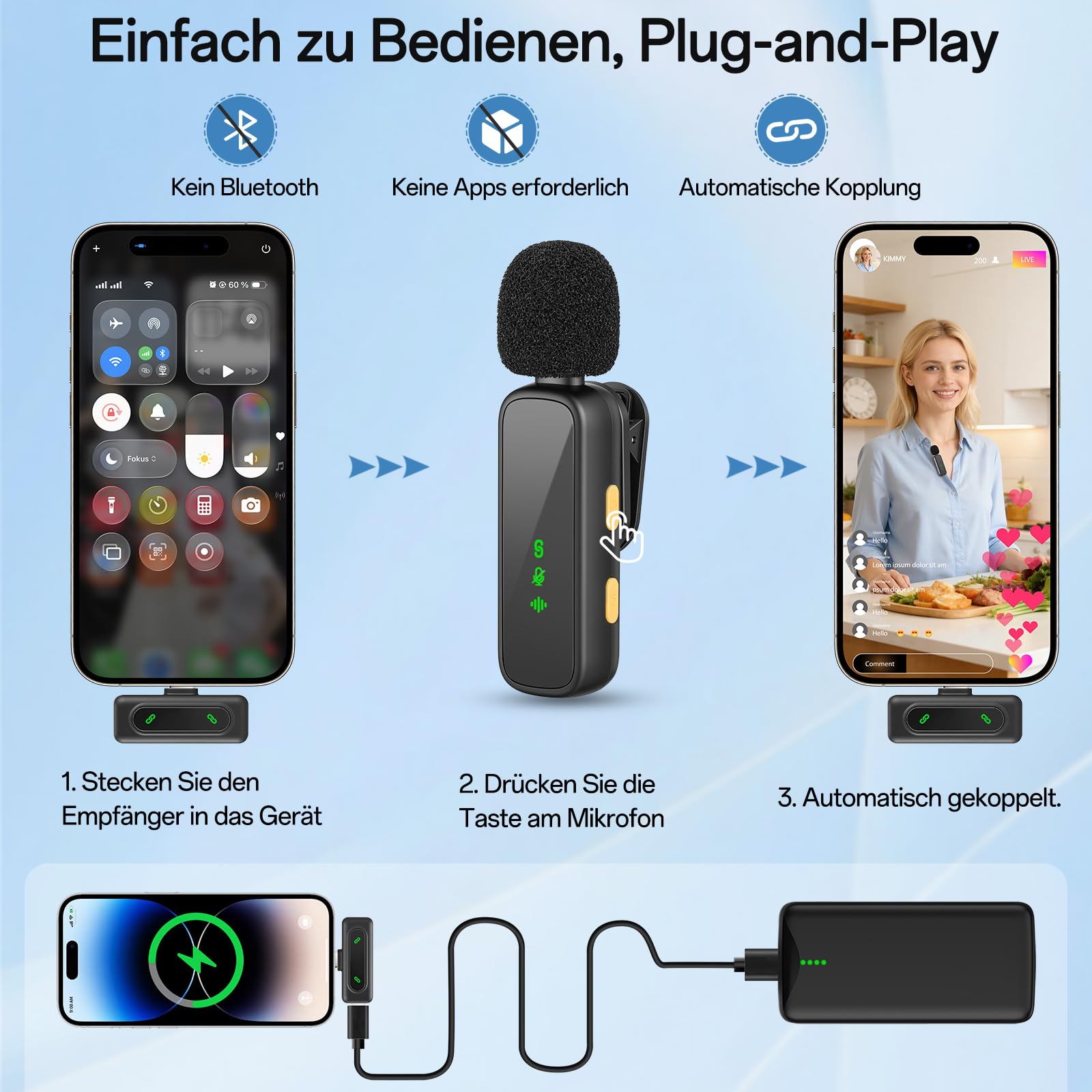Upgrade Mini Mikrofon Handy mit Batterie-Display, Kabelloses Lavalier Ansteckmikrofon Klein Mic Wireless Plug-and-Play Microphone fur iPhone/iPad/Android Phone/PC, ideal für Vlog/Video/TikTok/YouTube