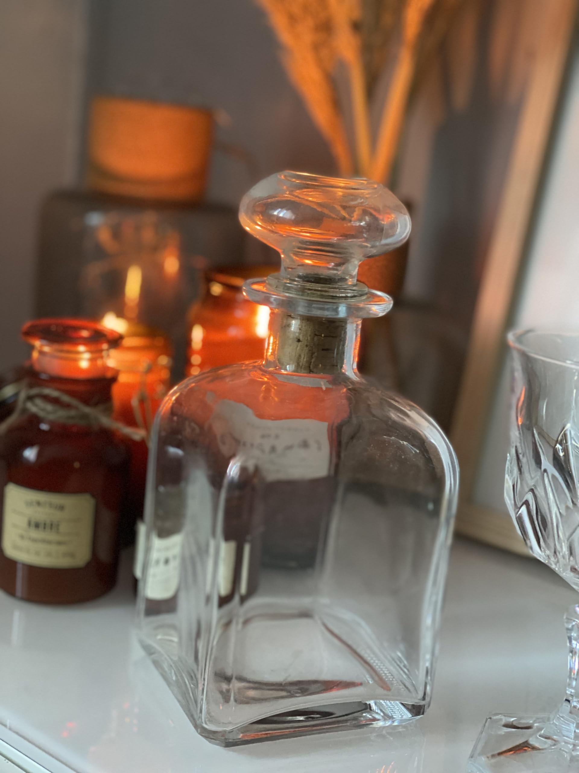 Carafe en Verre Transparent, Style Vintage, Forme Carrée avec Bouchon en Liège, 750 ml, pour Whisky et Spiritueux
