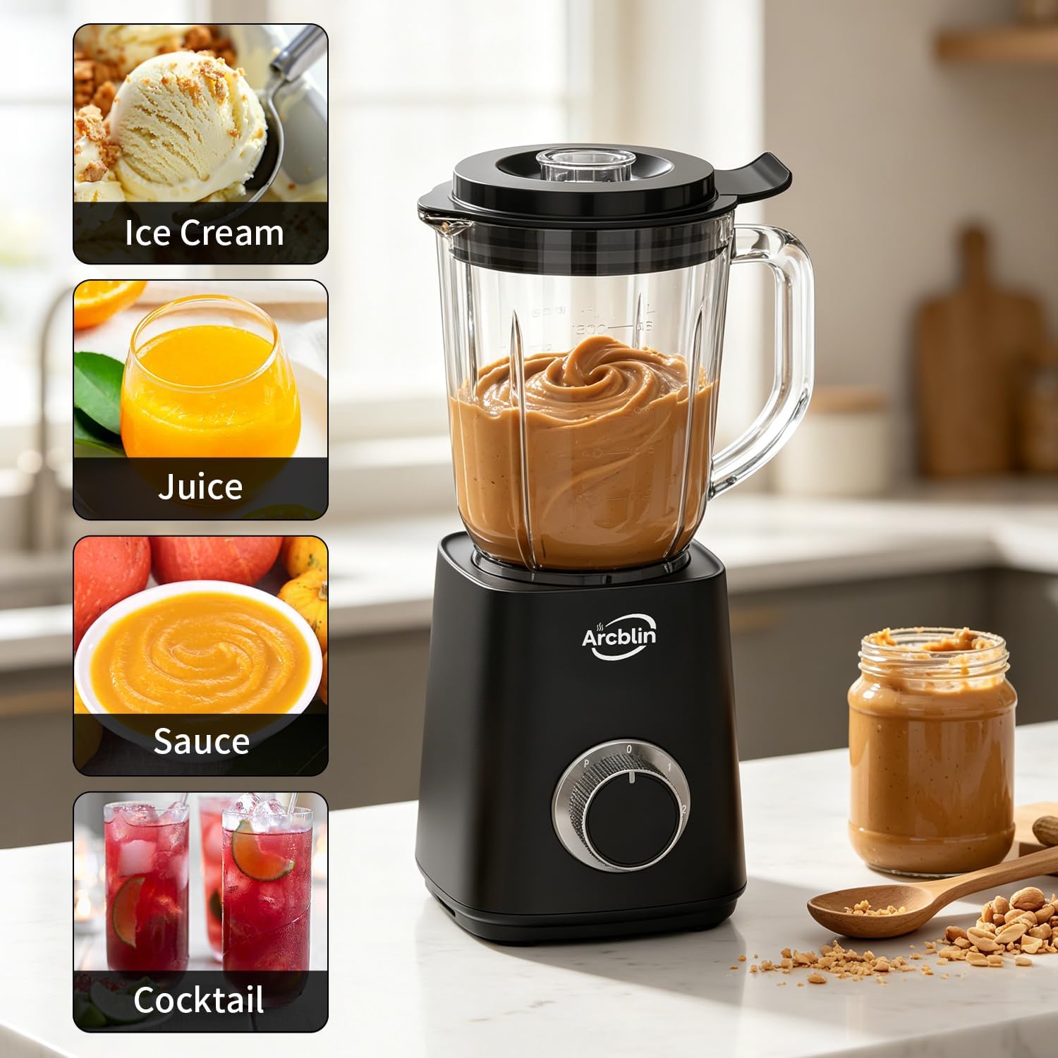 Glass Jar Blender for Smoothies & Shakes, 51 oz Countertop Blender with 2 Speeds + Pulse, 500W Motor, Easy Cleaning, Removable Stainless Steel Blades for Sauces, Nut Milk & Puree, Black