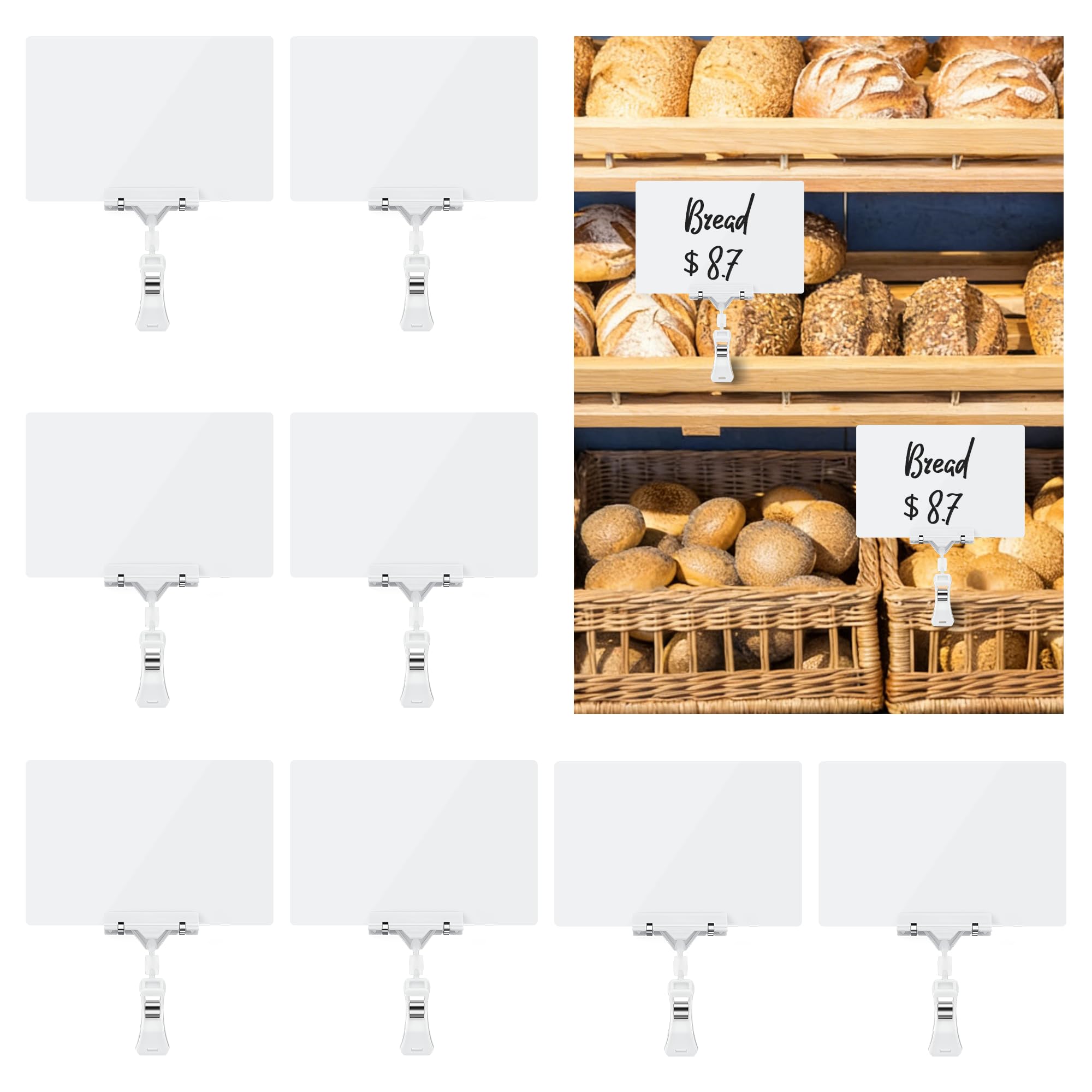 4 piezas grandes pizarrón para alimentos, 12 x 28 cm blanco borrable clips de plástico para marcador de tiza líquida - etiqueta de alimentos para fiestas, notas, supermercado, venta de mercancías
