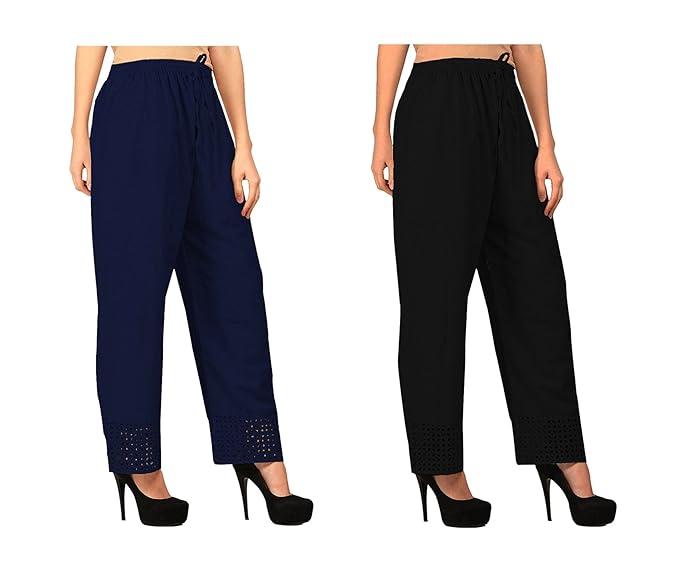 Women's Cotton Palazzo Designer Plain Casual Wear Palazzo for Women/Girl Combo Cotton Palazzo Color-Nevy Blue_Black