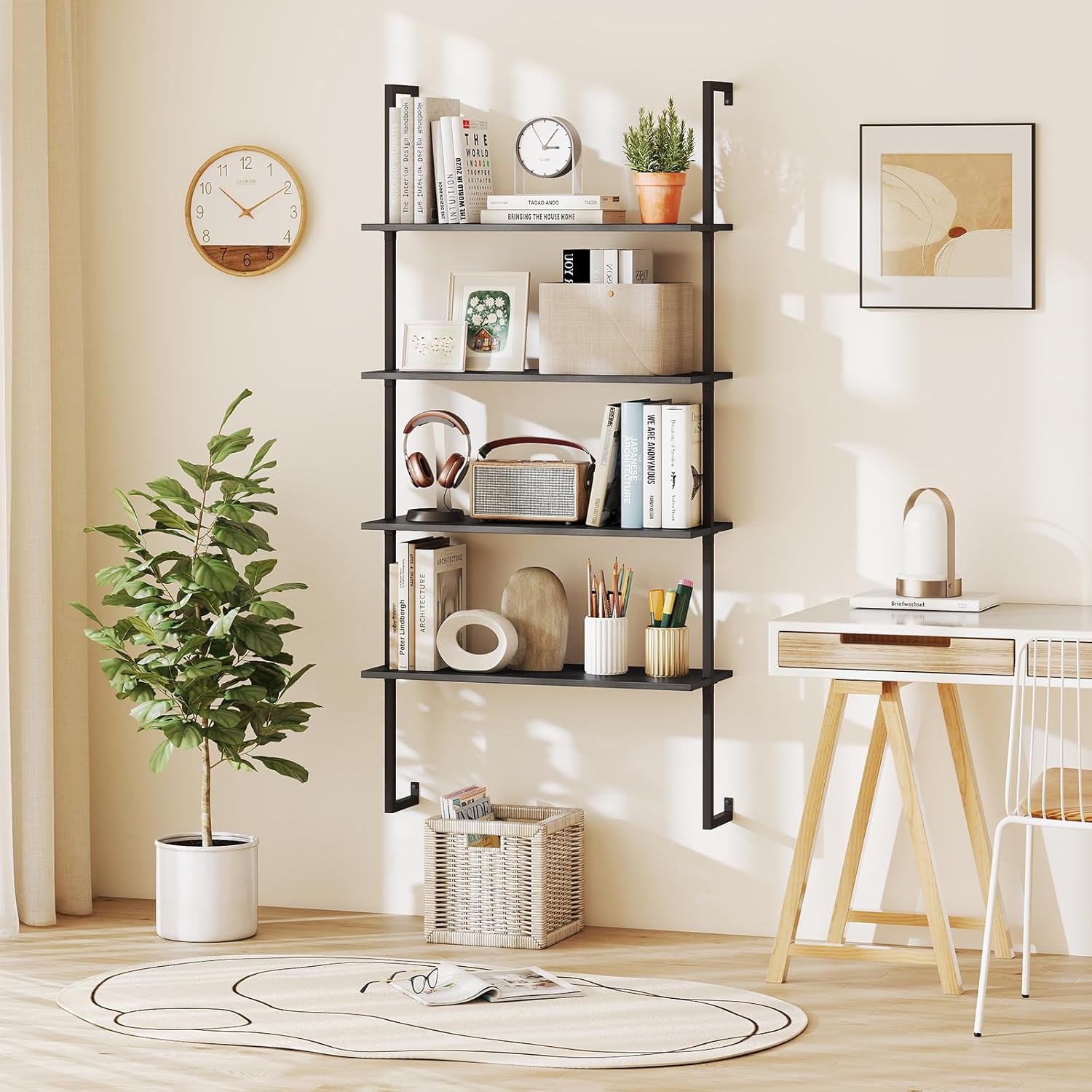 Tangkula 4-Tier Wall-Mounted Bookshelf, Industrial Modern Floating Storage Display Shelves with Metal Frame, Wall-Mounted Ladder Wooden Bookcase for Living Room, Kitchen, Bar, Office (1, Black)
