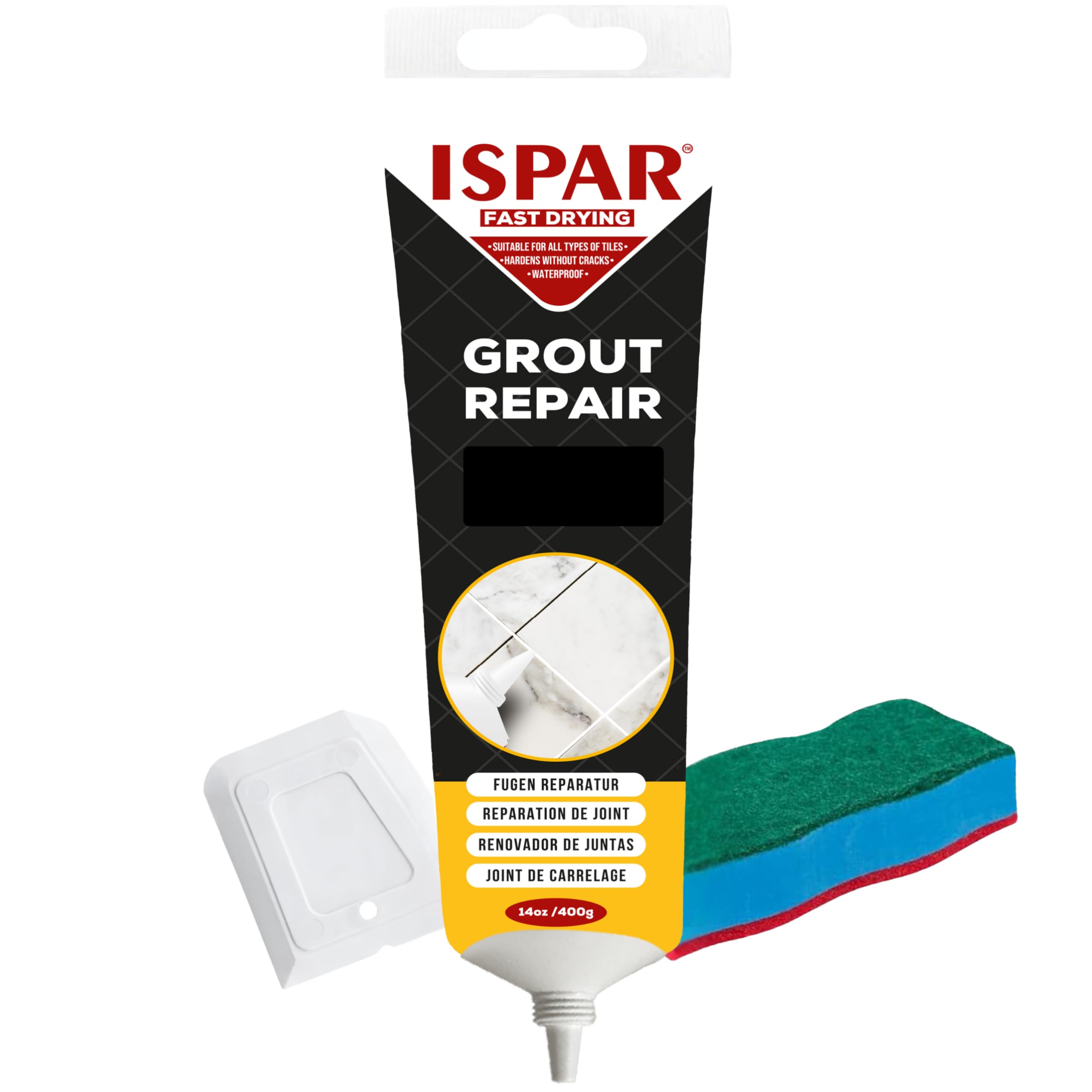 Ispar Tile Grout, 400 g Black Grout Reviver, Fast Drying Premixed Grout Repair Kit with Spatula & Sponge