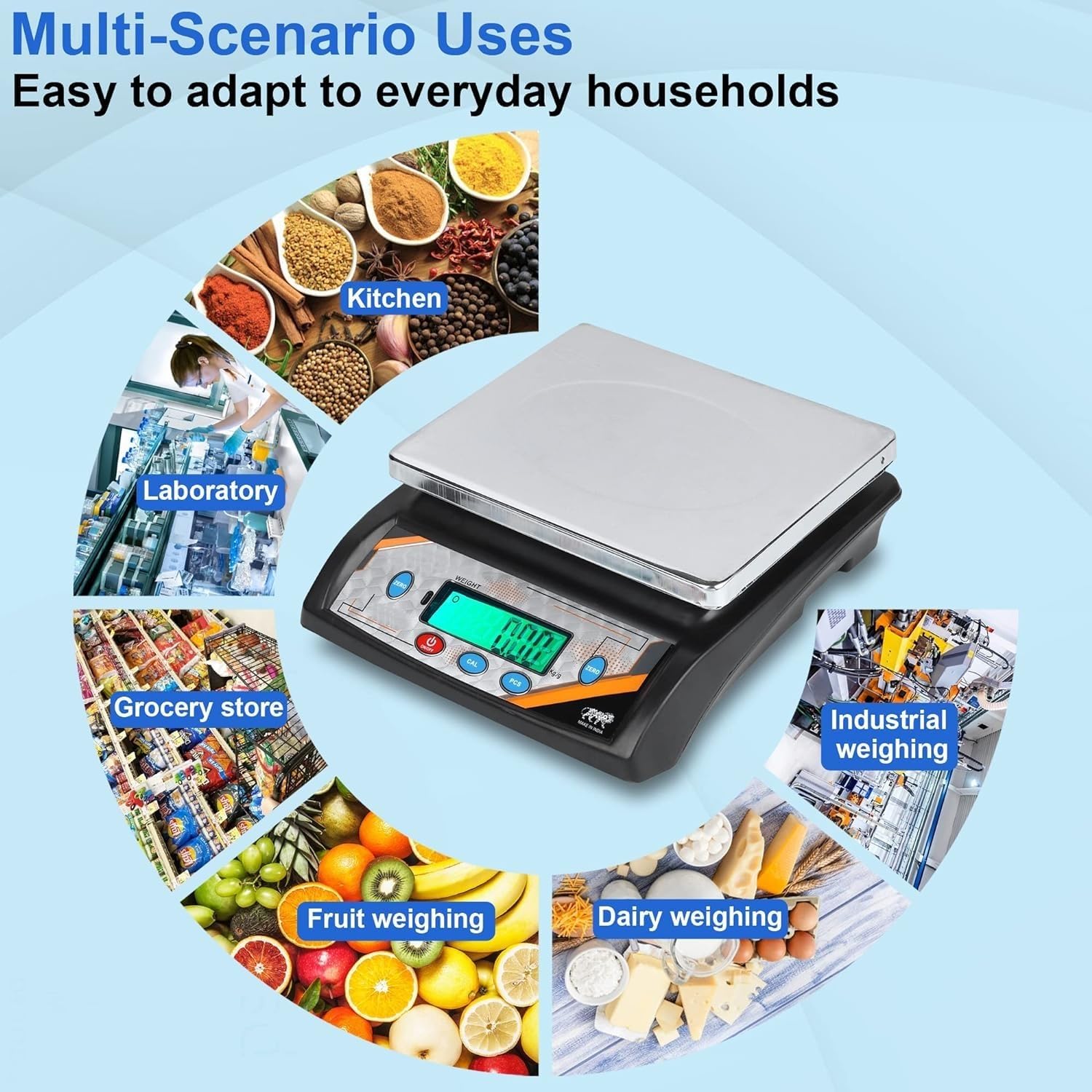 Weighing Scale 30Kg Capacity | Rechargeable with Front & Back Double Display | Green Digital Weight Machine | 8.5 x 7 Inch SS Pan for Shop, Grocery, Parcel, Restaurant, Fruit, Home & Kitchen Use