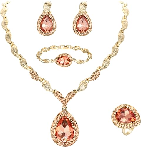 BriLove Juego de joyas chapadas en oro de 18 quilates para mujer, diamantes de imitación de cristal, pétalos, lágrima, babero, collar, pulsera de