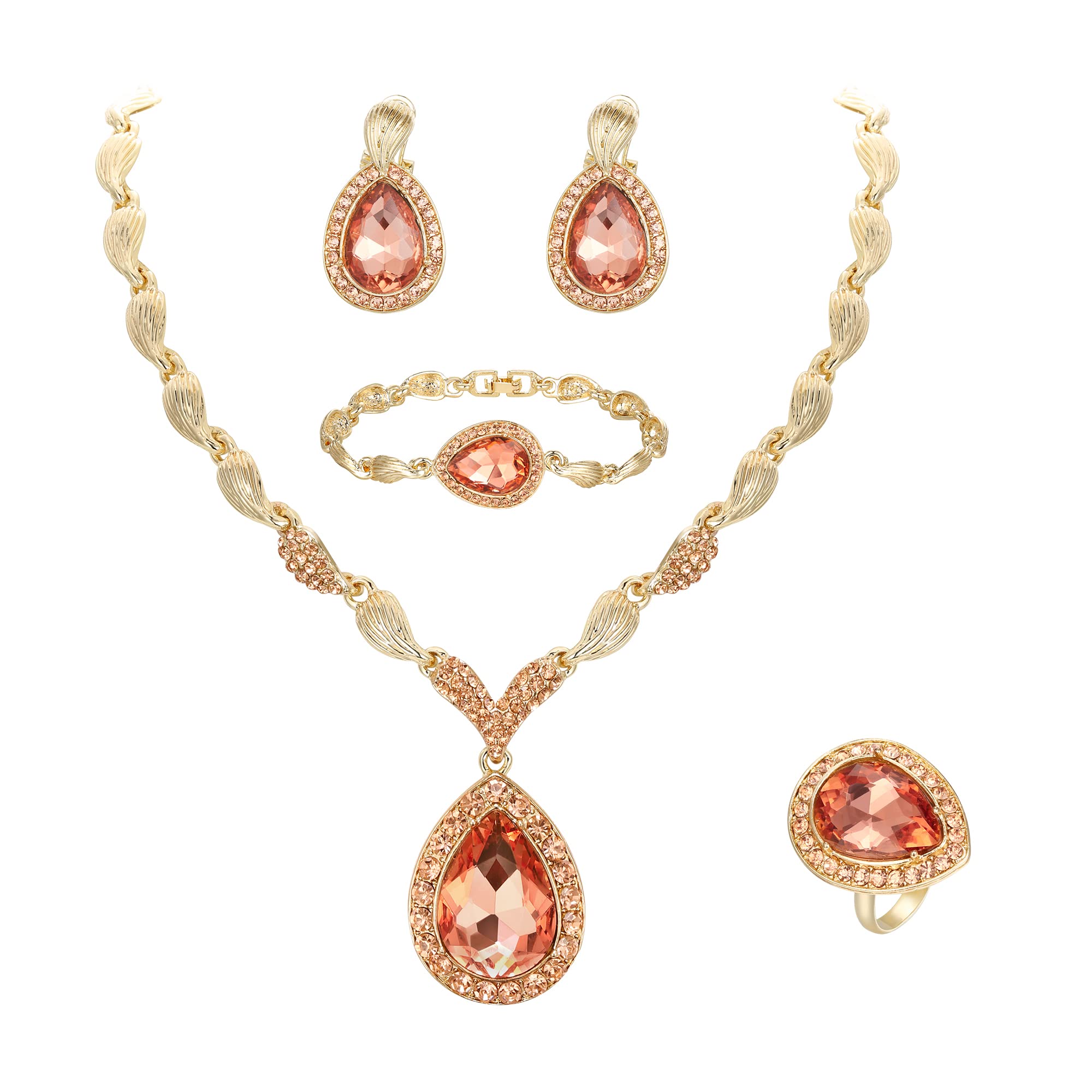 Clearine Juegos de Joyas de Mujer Conjunto de Joyas de Pétalos de Cristal de Lágrima Collar Llamativo Pulsera Pendientes Perforados Juego de Anillo