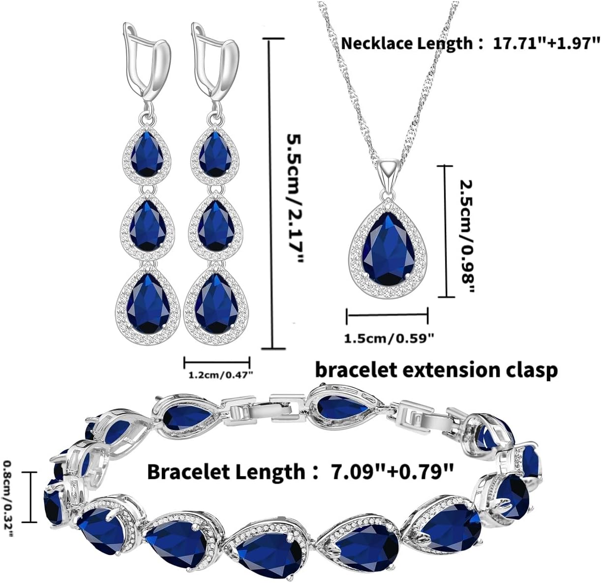 LMXXVJ Necklace Long Earrings Bracelet Set, White Gold Plated Created Blue Sapphire Jewelry Set Wedding Party Gift Jewelry for Women Bridal Bridesmaid