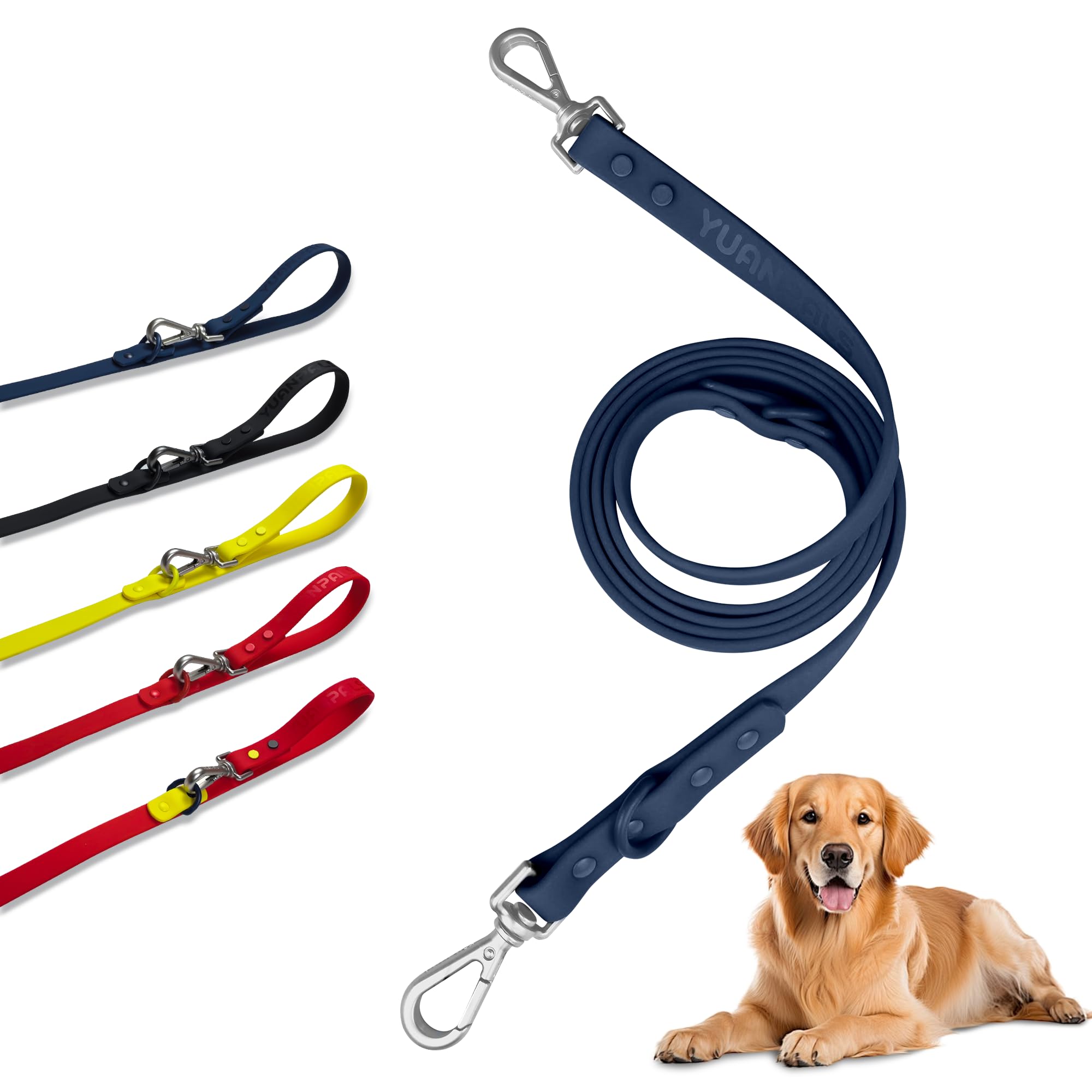 YuanPals Waterproof Dog Leash, Double-Ended Sturdy Snap-hooks Dog Lead, Easy To Clean PVC Coated Nylon Strap, 3 Length or 2 Pups(S-Navy)
