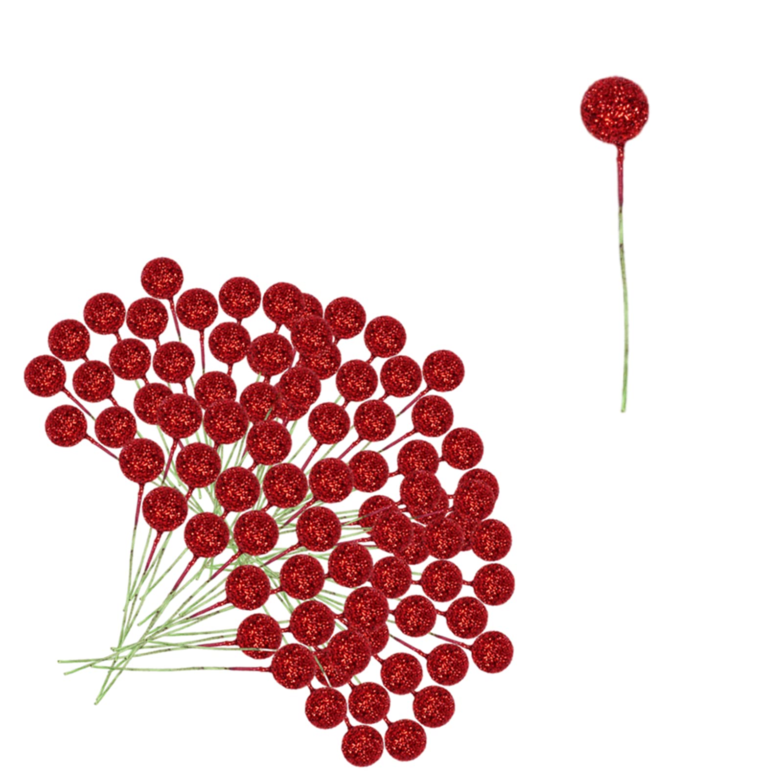 100pcs Christmas Artificial Red Holly Berries,Glitter Berry Twig Stem Artificial Berry Fruits Picks Berry Branches Winter Berries Bunch for Christmas Wreath Making Xmas Tree Decorations Supplies