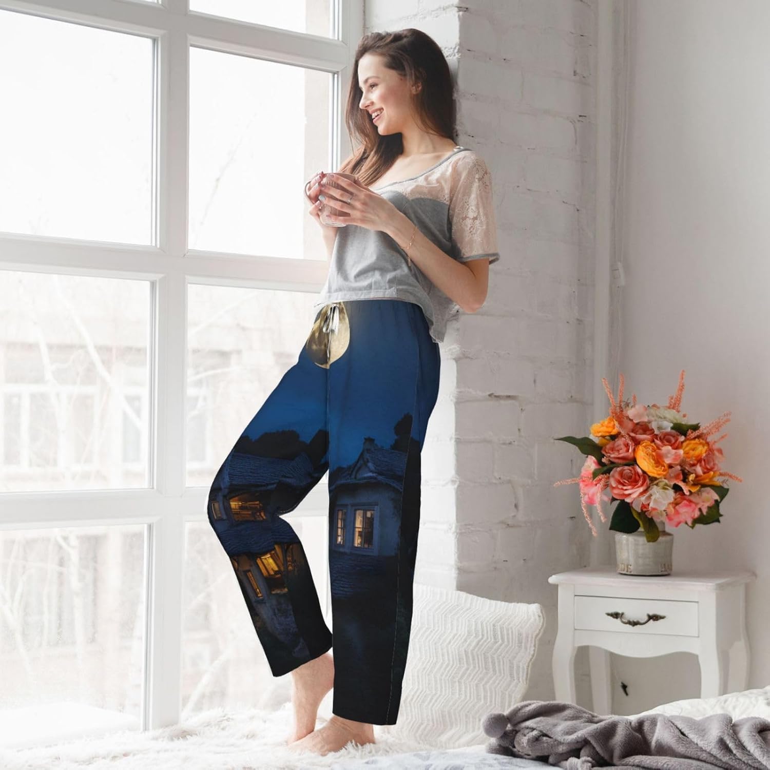 Full Moon In Night Print Fashion Cozy Womens Flannel Pajama Pants,Perfect For Christmas And Everyday Wear