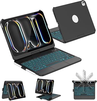 CC Store Keyboard Case for iPad Pro 11-inch M5/2025, M4/2024 with 7-Color Backlight, 360 Swivel Protective Case with Pencil Holder, Multi-Touch Trackpad, Black