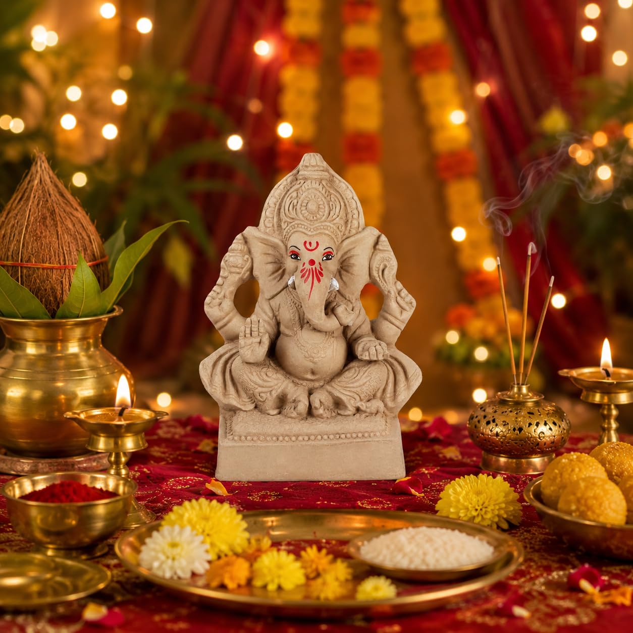 TIED RIBBONS 100% Eco Friendly Clay Ganesha Idol (Multi, 6.6 inch) for Ganpati Visarjan Water Soluble Mitti Clay Murti Statue Handcrafted Ganesh Chaturthi Decoration Items for Home Pooja Room Gifting