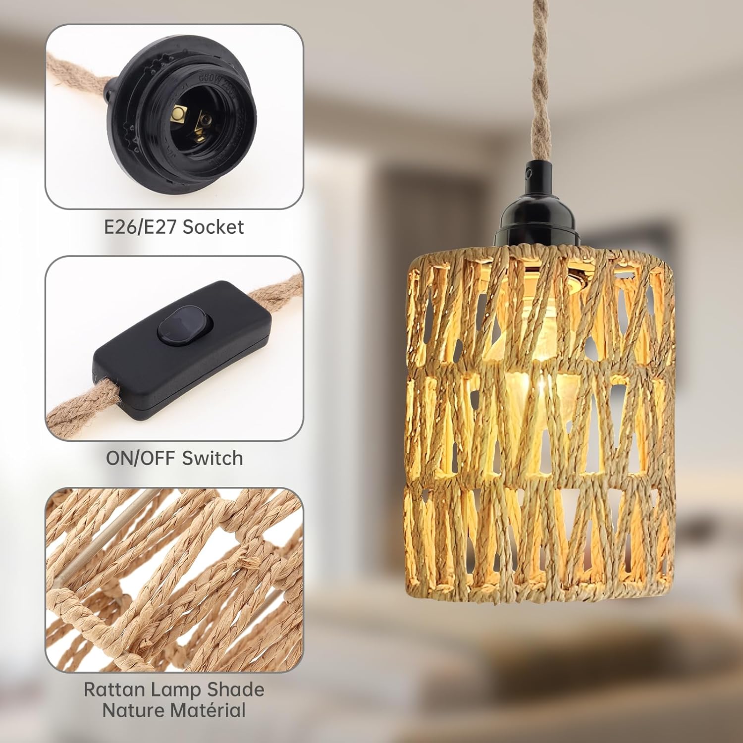 RTNLIT Boho Hanging Lamp Plug in Rattan Pendant Light with 14.7ft Cord, Retro Lamp Shade Replacement with On Off Switch for Bedroom Living