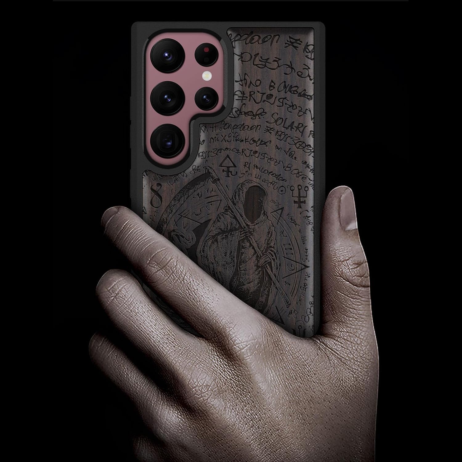 Carveit Wood Case for Galaxy S22 Ultra Case [Natural Wood & Black Soft TPU] Shockproof Protective Cover Wooden Design Compatible with Samsung S22 Ultra (The Grim Reaper of Carved-Blackwood)