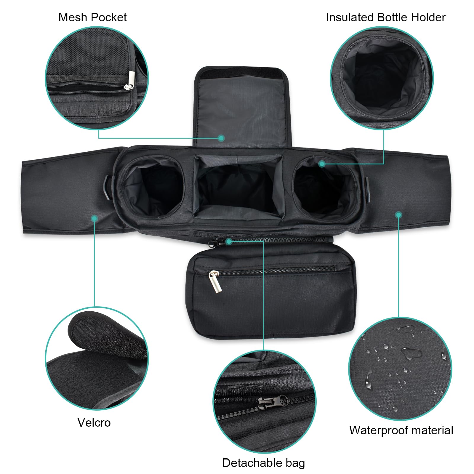 Sac de Rangement Universel pour Poussette, Poussette Organisateur avec Poche zippée, Grande Capacité Organisateur de Buggy Pour Poussette avec Porte-Bouteilles Isolés, Noir