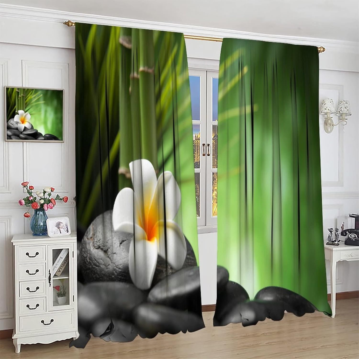 Zen Garden Curtains Spa Green Bamboo Stone White Flower Water Landscape Home Decor Rod Pocket Window Drapes for Living Bedroom 42x45 Inch
