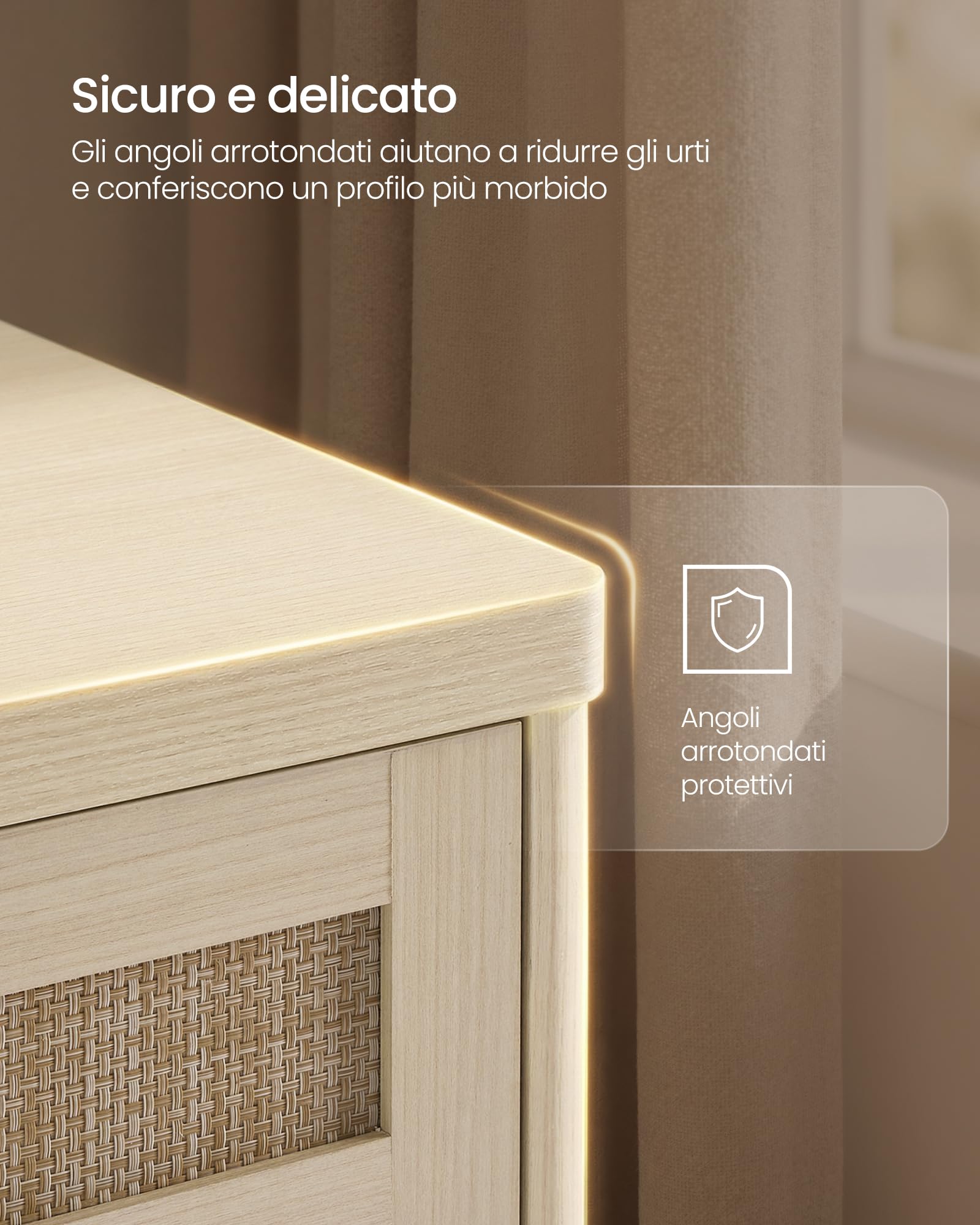 VASAGLE ELLAN Collezione - Credenza in Stile Boho con Ante Effetto Rattan, Mobile da Cucina, Angoli Arrotondati, Ripiano Regolabile, Cassetto, Sala da Pranzo, Beige Naturale BBK601LC01