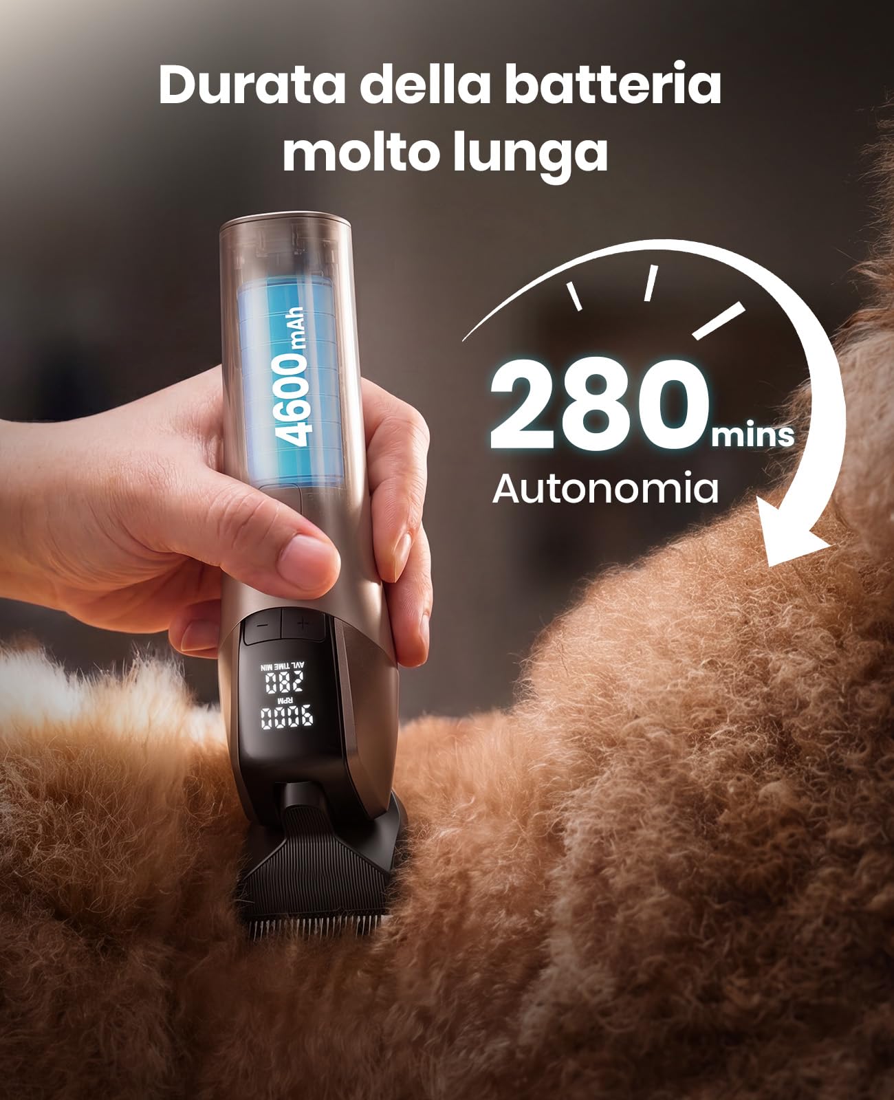 oneisall Tosatrice per Cani Professionale | 9000 RPM 5 velocità per mantelli spessi, lama 5-in-1 DLC, autonomia 280 min, silenzioso, con 8 pettini guida in metallo