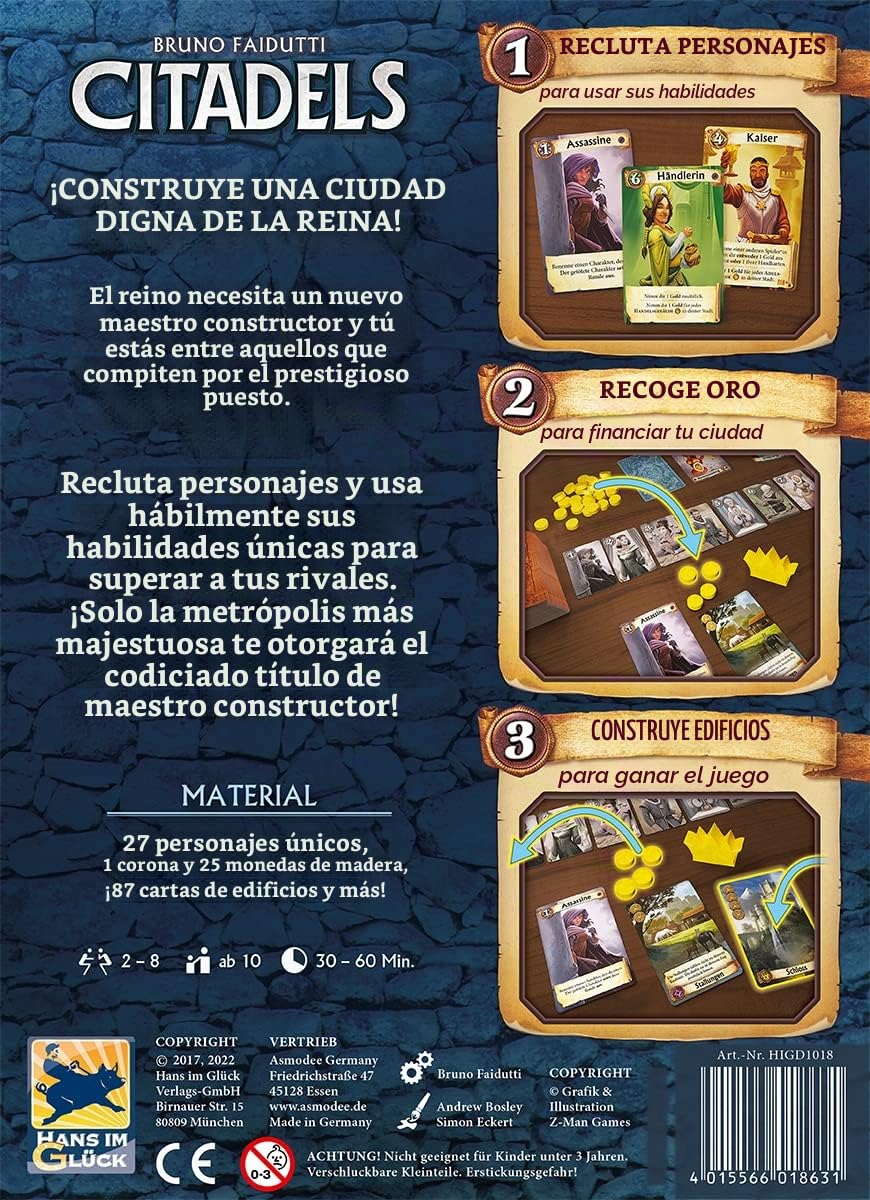 Hans im Glück, Citadels (edición 2023), Juego Familiar, Juego de Cartas, 2-8 Jugadores, a Partir de 10 años, 30-60 Minutos, alemán